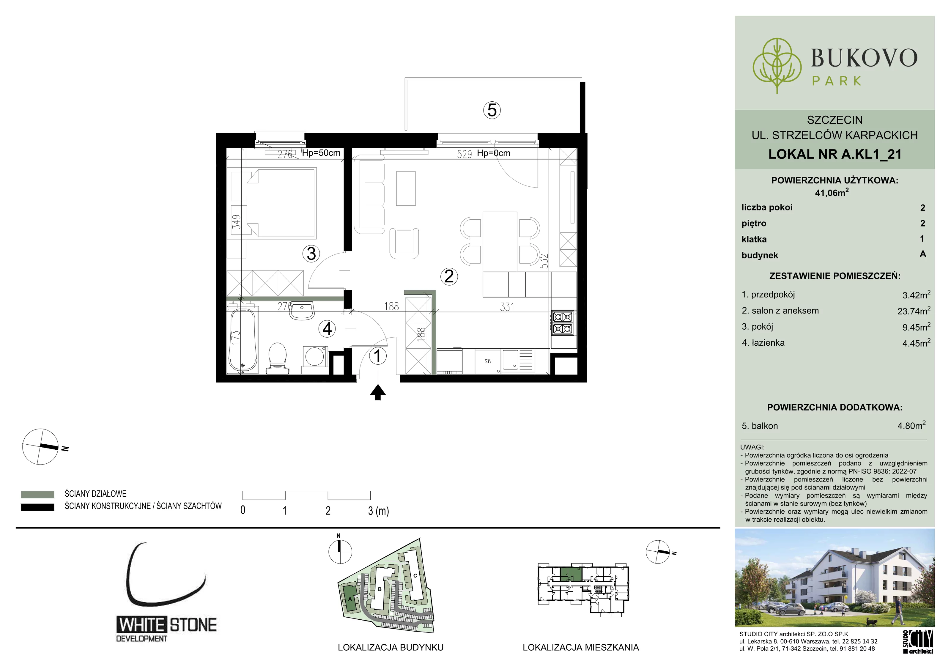 2 pokoje, mieszkanie 41,06 m², piętro 2, oferta nr A_1_21, Bukovo Park, Szczecin, Północ, Bukowo, ul. Strzelców Karpackich