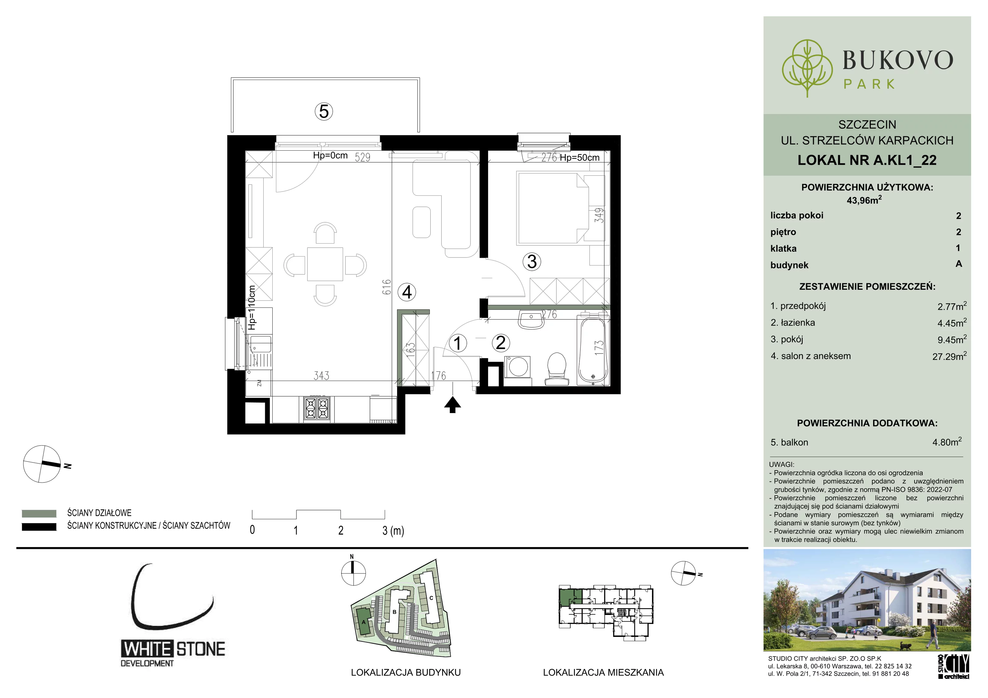 2 pokoje, mieszkanie 43,96 m², piętro 2, oferta nr A_1_22, Bukovo Park, Szczecin, Północ, Bukowo, ul. Strzelców Karpackich