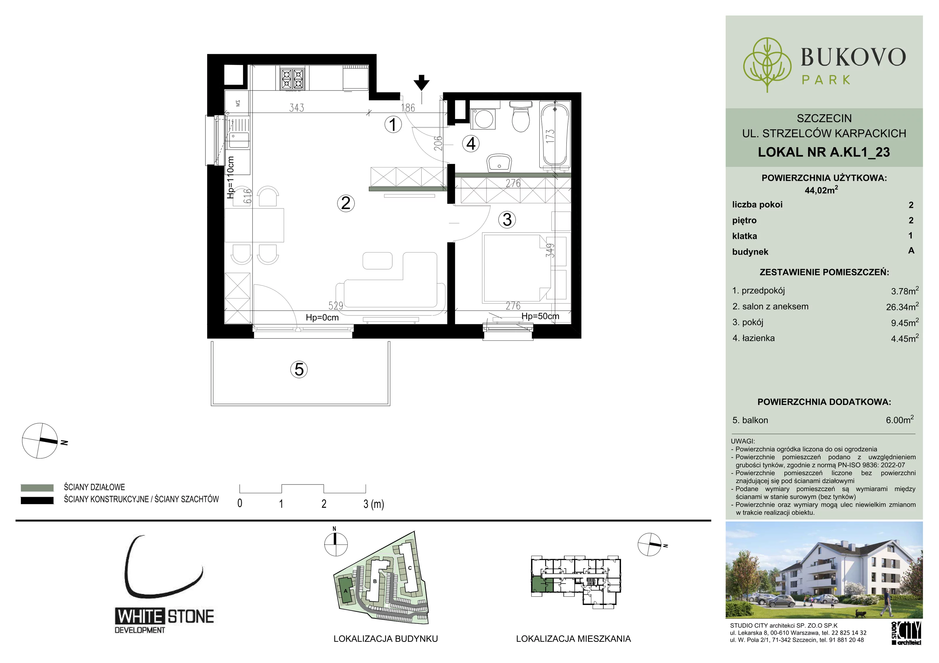 2 pokoje, mieszkanie 44,02 m², piętro 2, oferta nr A_1_23, Bukovo Park, Szczecin, Północ, Bukowo, ul. Strzelców Karpackich