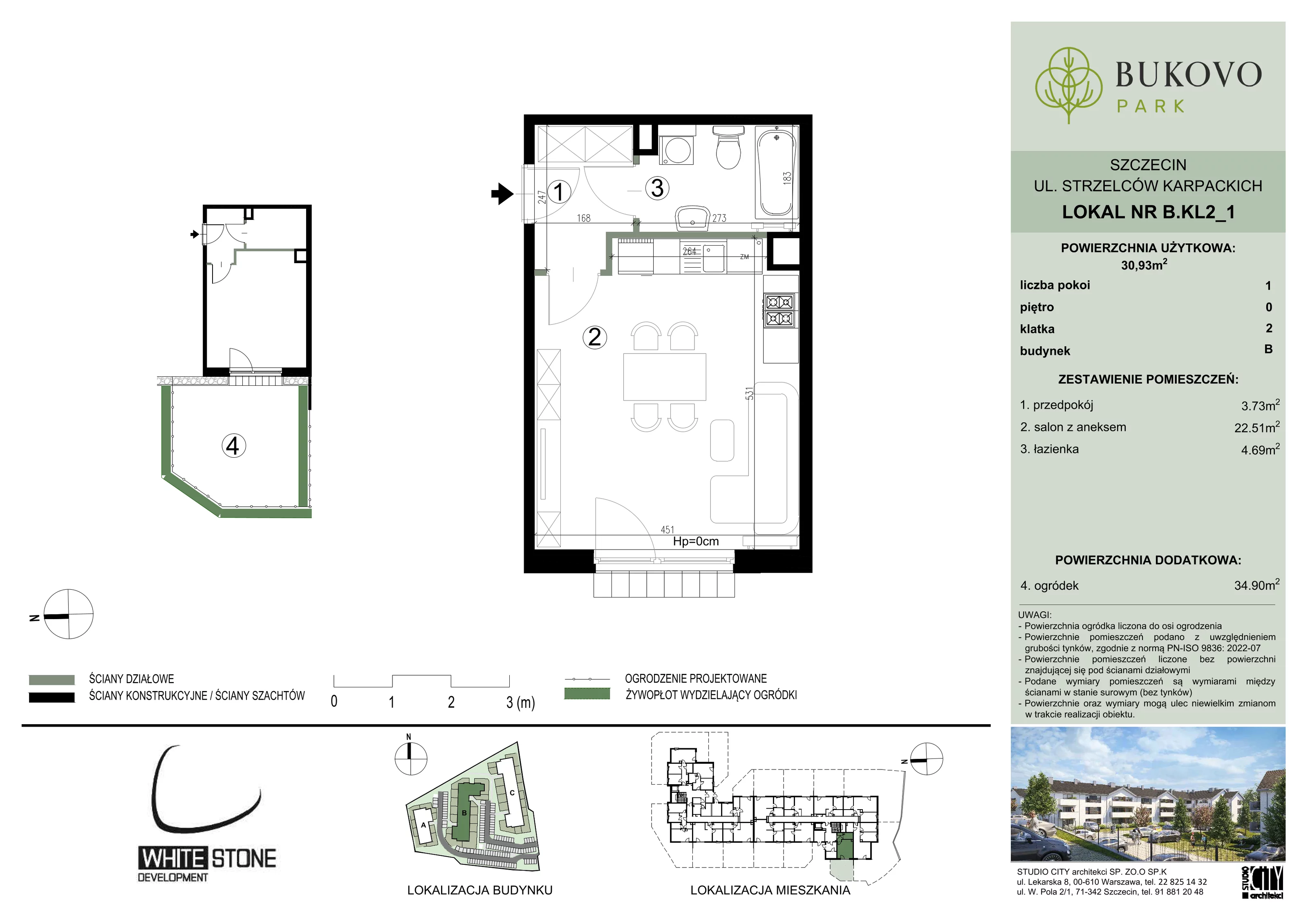 1 pokój, mieszkanie 30,93 m², parter, oferta nr B_2_01, Bukovo Park, Szczecin, Północ, Bukowo, ul. Strzelców Karpackich