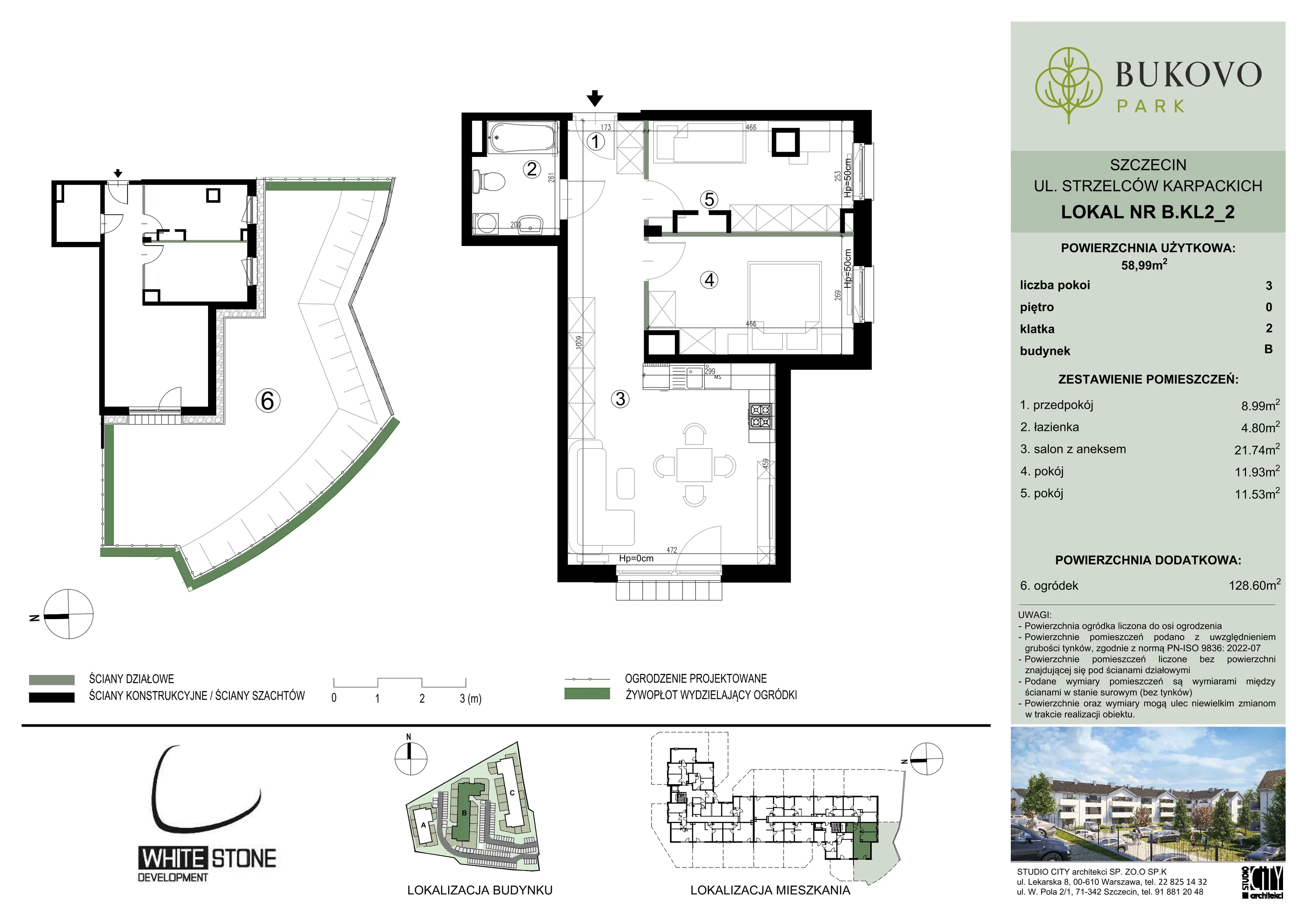 3 pokoje, mieszkanie 58,99 m², parter, oferta nr B_2_02, Bukovo Park, Szczecin, Północ, Bukowo, ul. Strzelców Karpackich