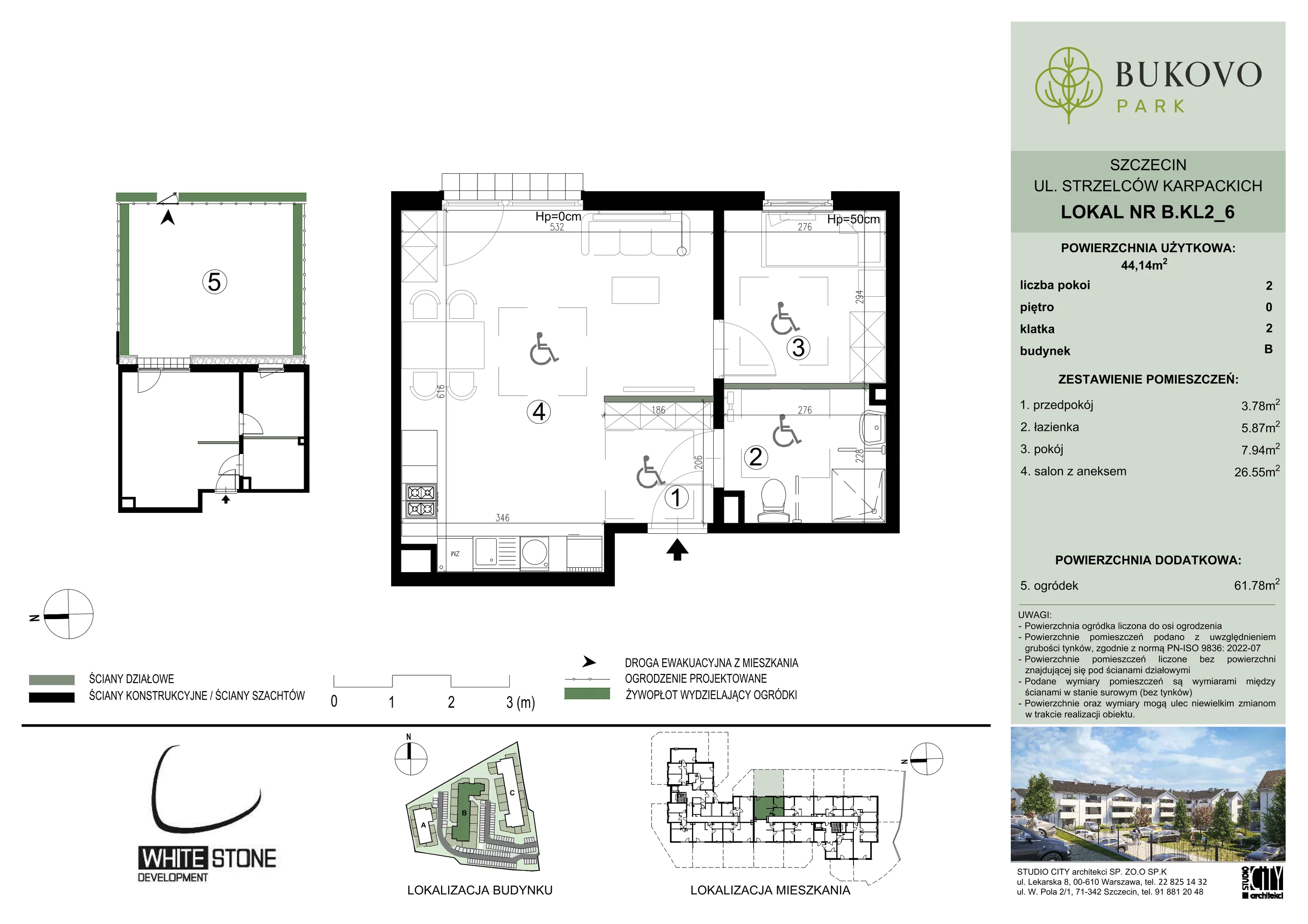 2 pokoje, mieszkanie 44,14 m², parter, oferta nr B_2_06, Bukovo Park, Szczecin, Północ, Bukowo, ul. Strzelców Karpackich