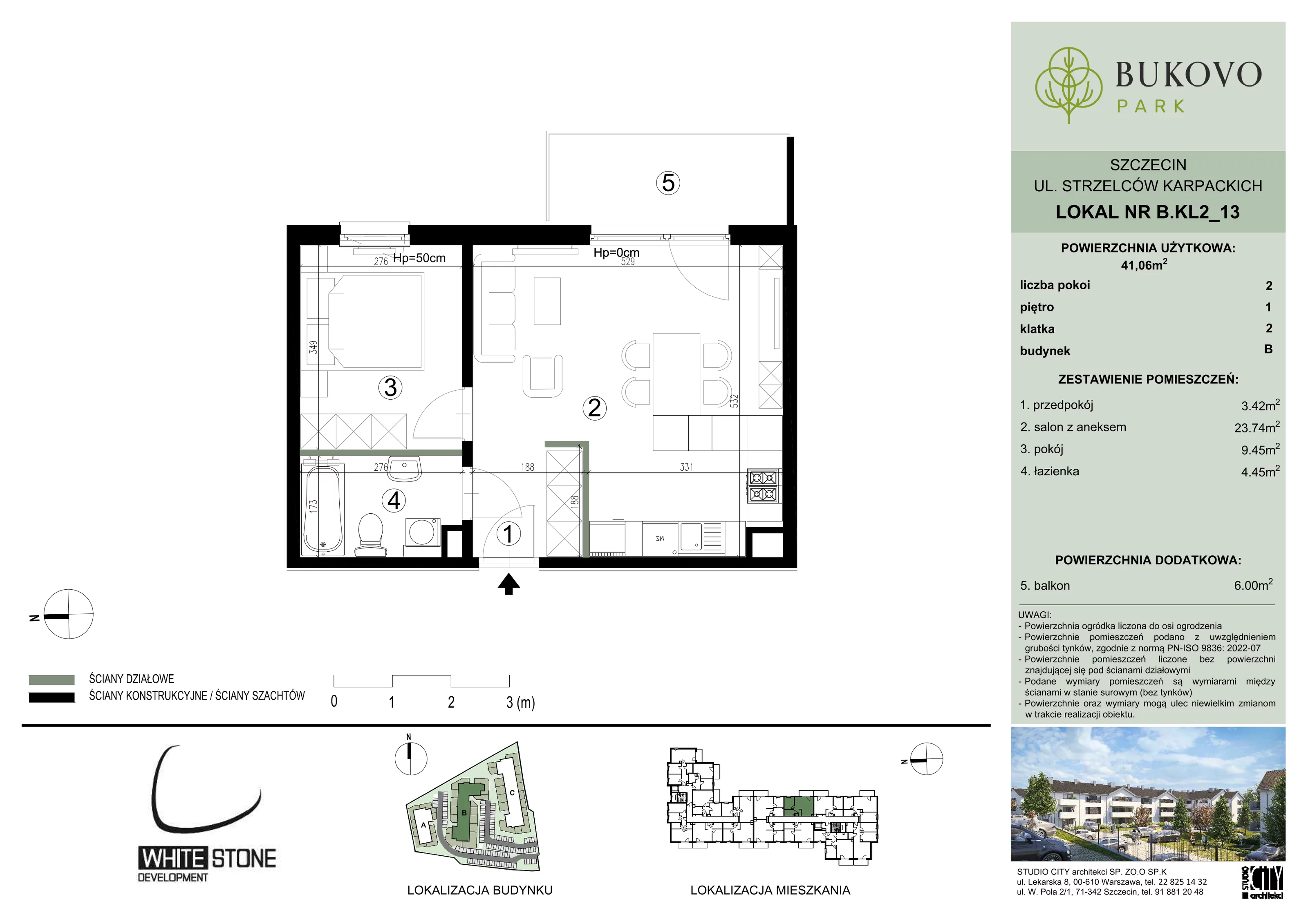 2 pokoje, mieszkanie 41,06 m², piętro 1, oferta nr B_2_13, Bukovo Park, Szczecin, Północ, Bukowo, ul. Strzelców Karpackich
