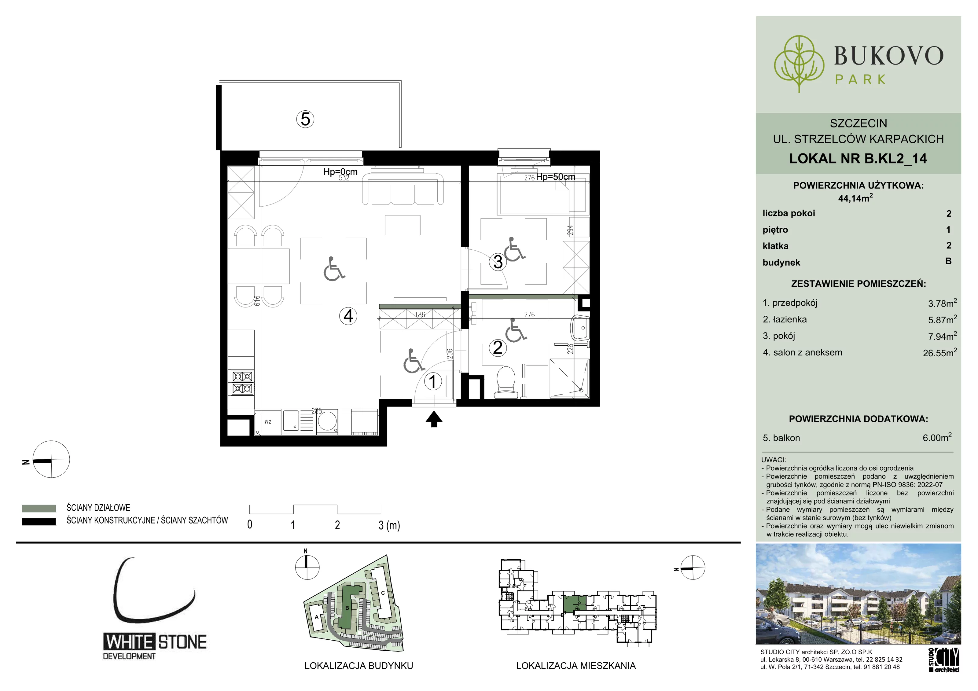 2 pokoje, mieszkanie 44,14 m², piętro 1, oferta nr B_2_14, Bukovo Park, Szczecin, Północ, Bukowo, ul. Strzelców Karpackich