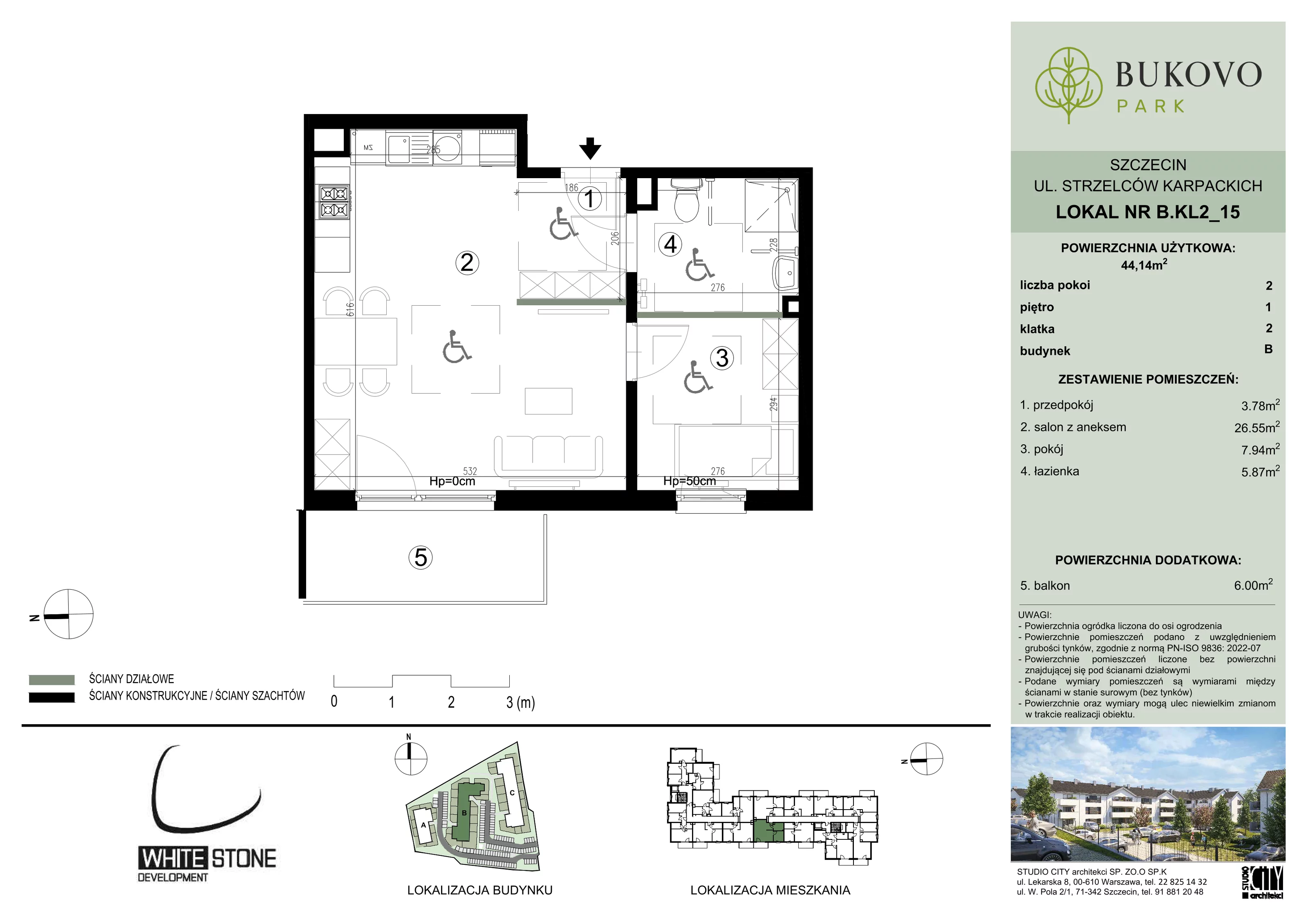 2 pokoje, mieszkanie 44,14 m², piętro 1, oferta nr B_2_15, Bukovo Park, Szczecin, Północ, Bukowo, ul. Strzelców Karpackich