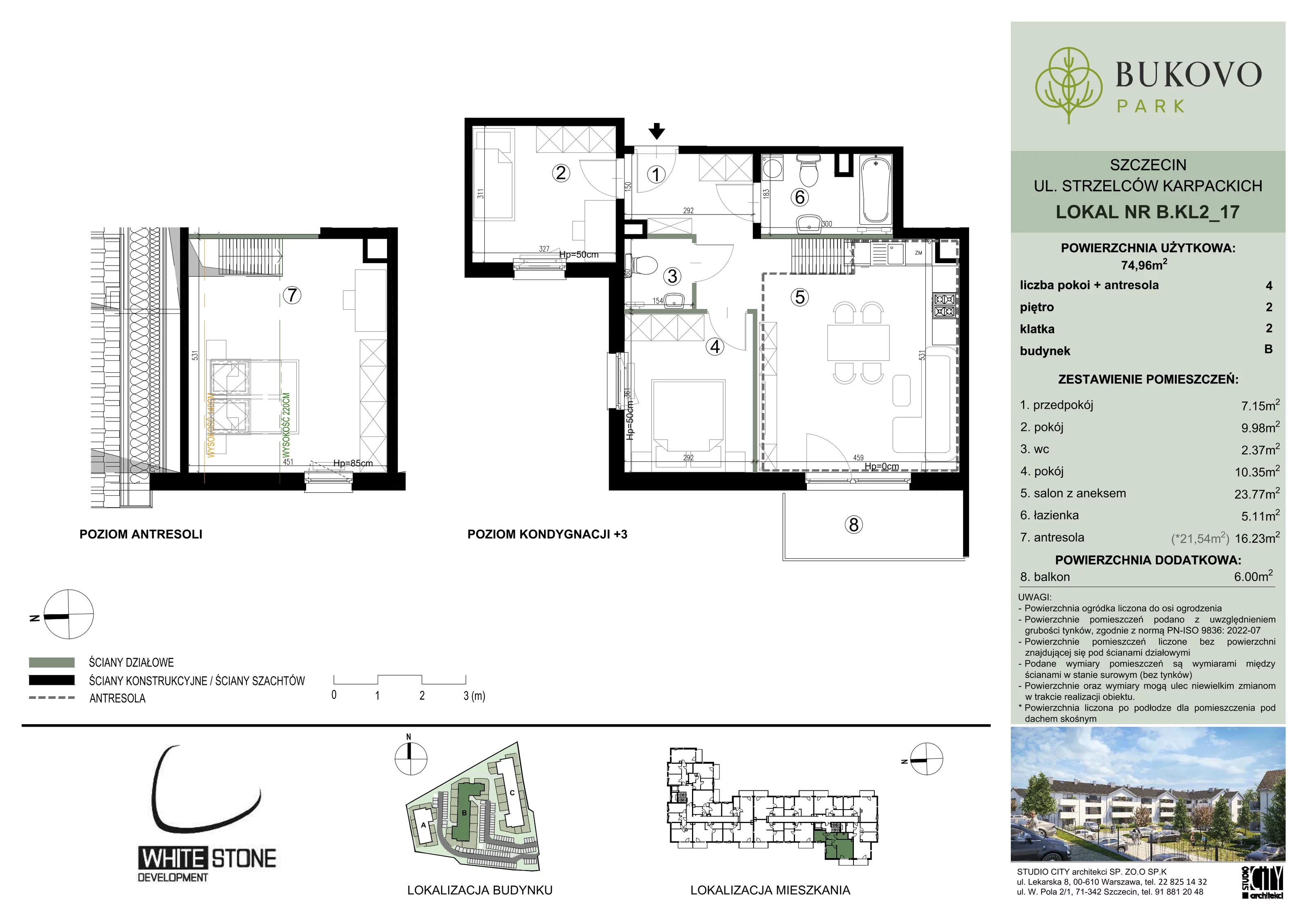 3 pokoje, mieszkanie 74,96 m², piętro 2, oferta nr B_2_17, Bukovo Park, Szczecin, Północ, Bukowo, ul. Strzelców Karpackich