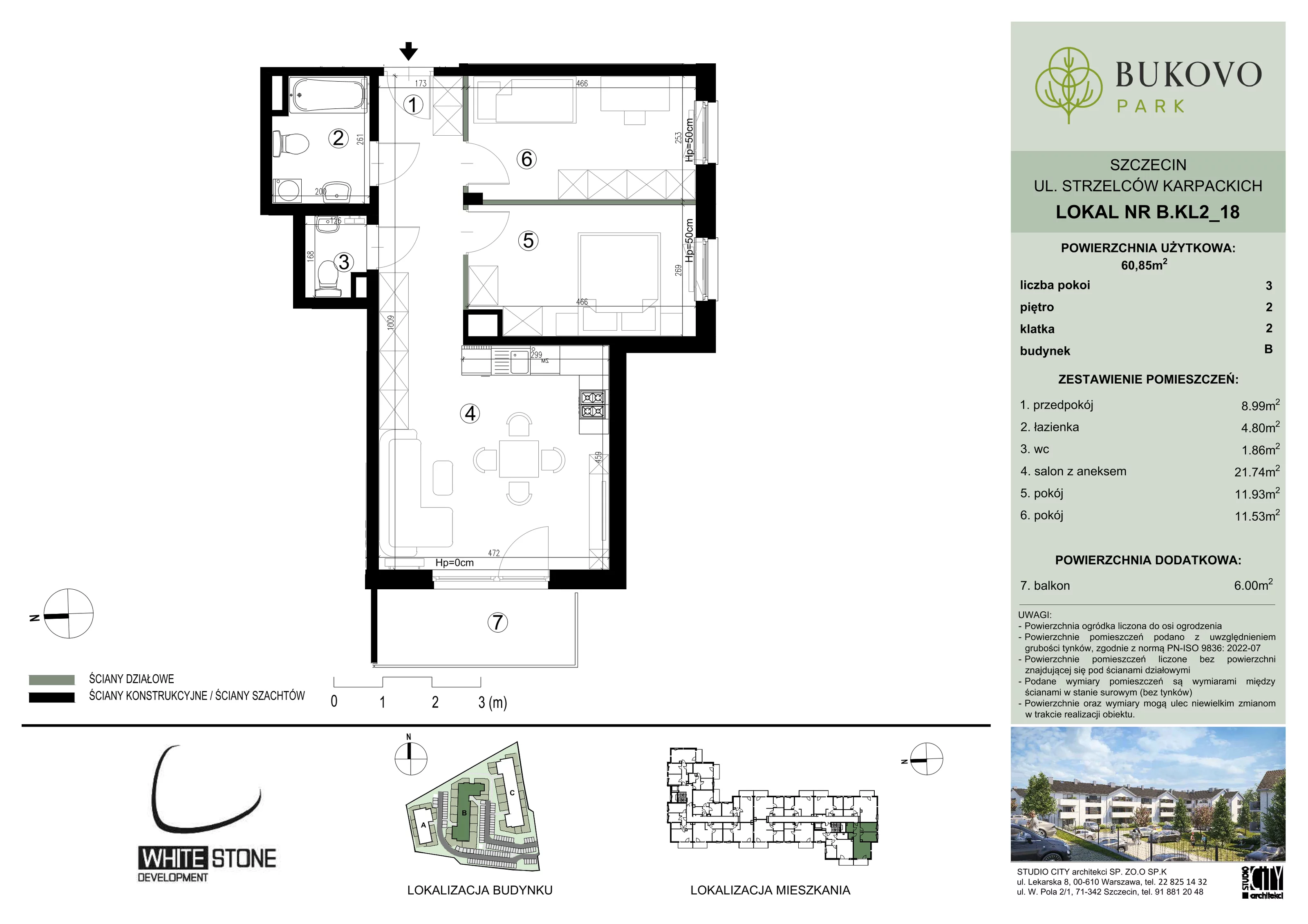 3 pokoje, mieszkanie 60,85 m², piętro 2, oferta nr B_2_18, Bukovo Park, Szczecin, Północ, Bukowo, ul. Strzelców Karpackich