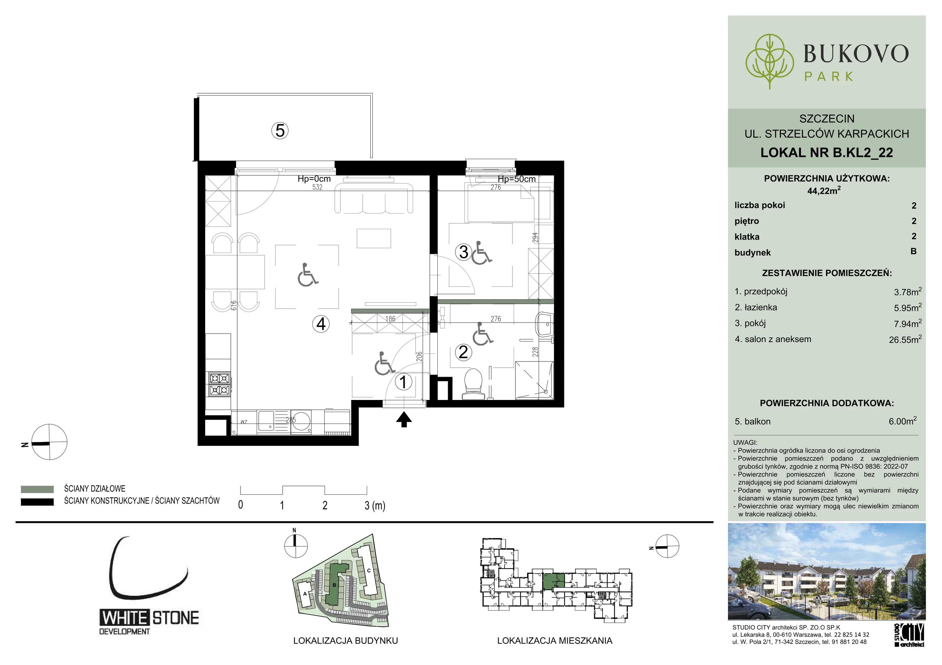 2 pokoje, mieszkanie 44,22 m², piętro 2, oferta nr B_2_22, Bukovo Park, Szczecin, Północ, Bukowo, ul. Strzelców Karpackich