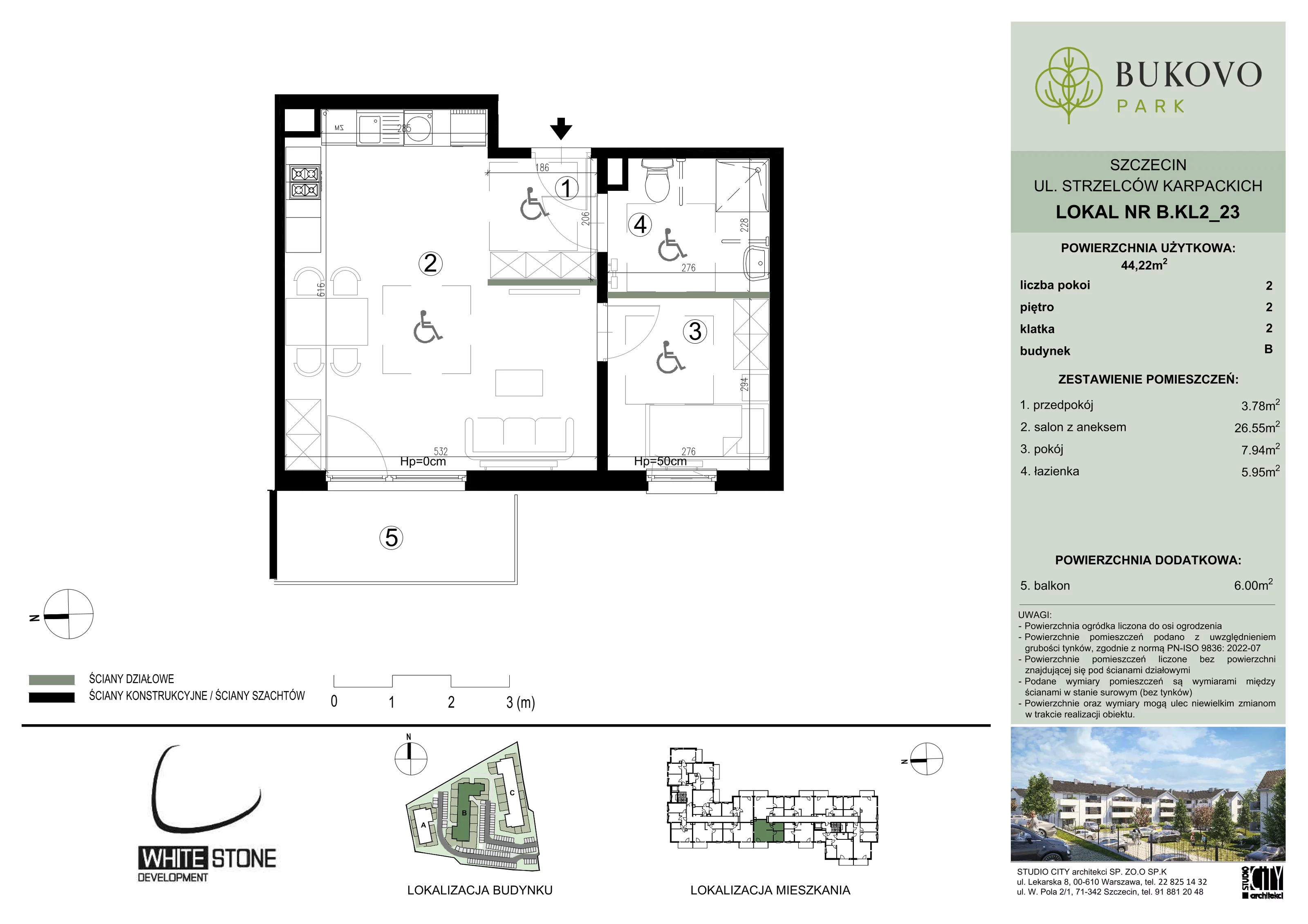 2 pokoje, mieszkanie 44,22 m², piętro 2, oferta nr B_2_23, Bukovo Park, Szczecin, Północ, Bukowo, ul. Strzelców Karpackich