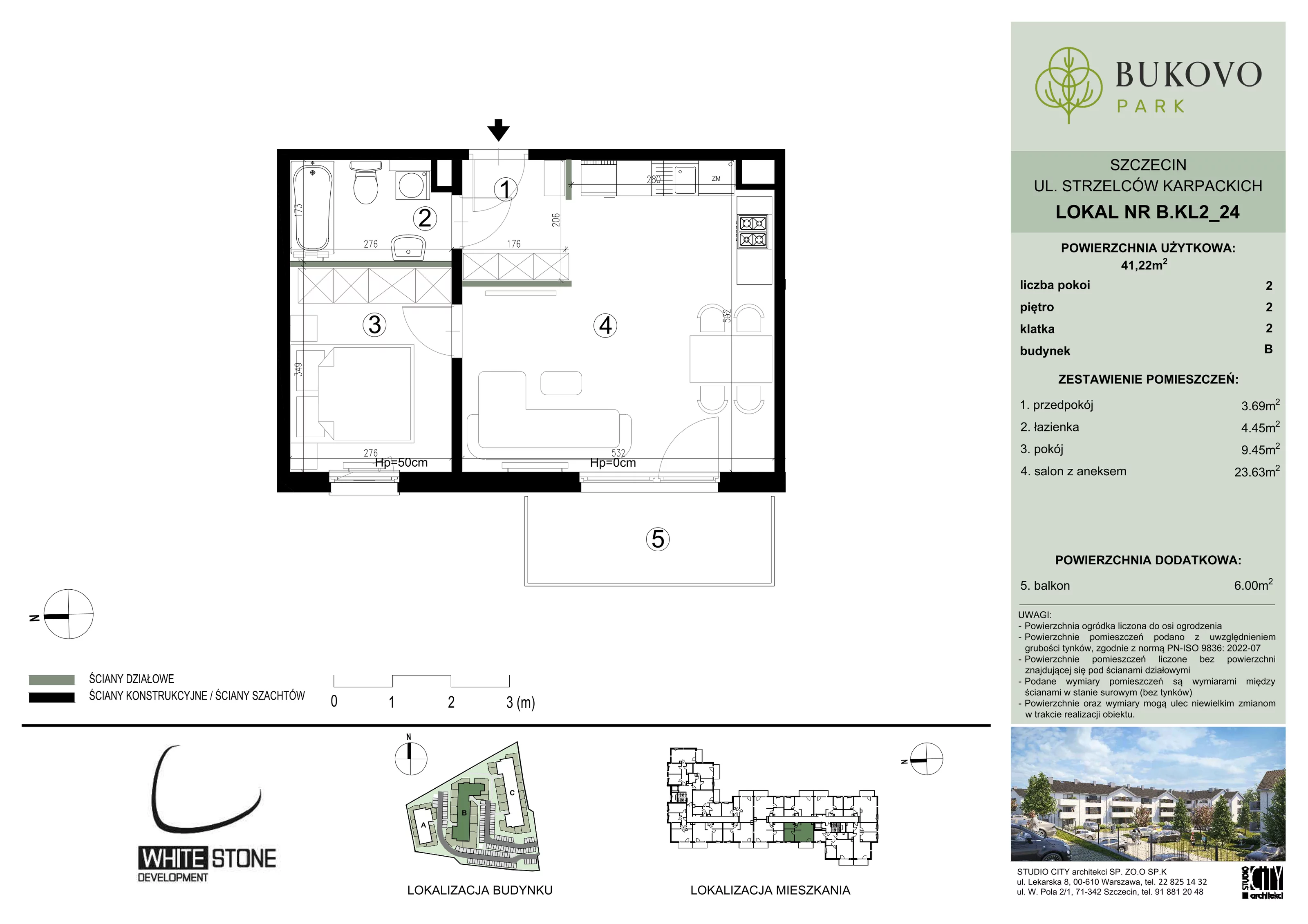 2 pokoje, mieszkanie 41,22 m², piętro 2, oferta nr B_2_24, Bukovo Park, Szczecin, Północ, Bukowo, ul. Strzelców Karpackich