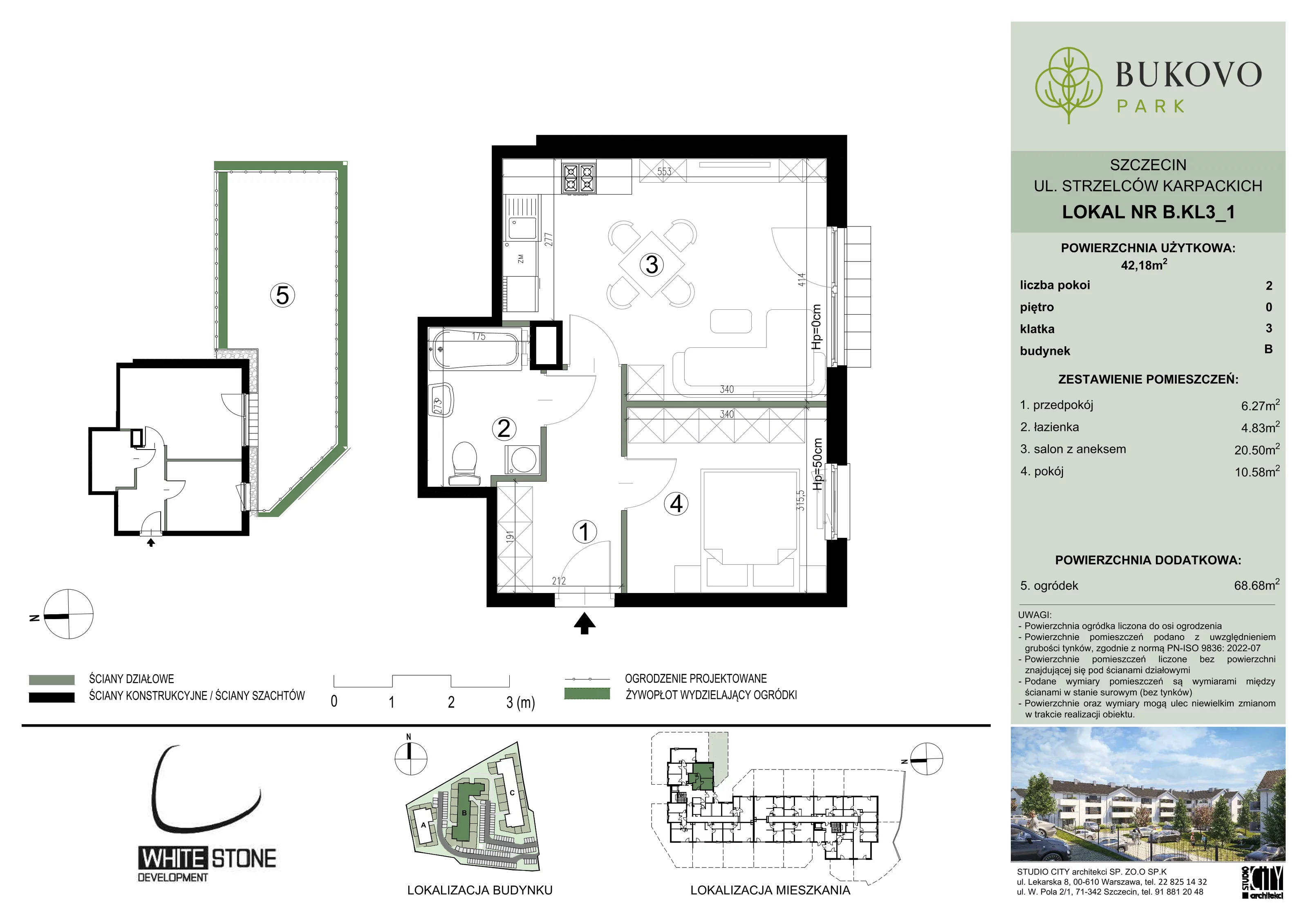 2 pokoje, mieszkanie 42,18 m², parter, oferta nr B_3_01, Bukovo Park, Szczecin, Północ, Bukowo, ul. Strzelców Karpackich