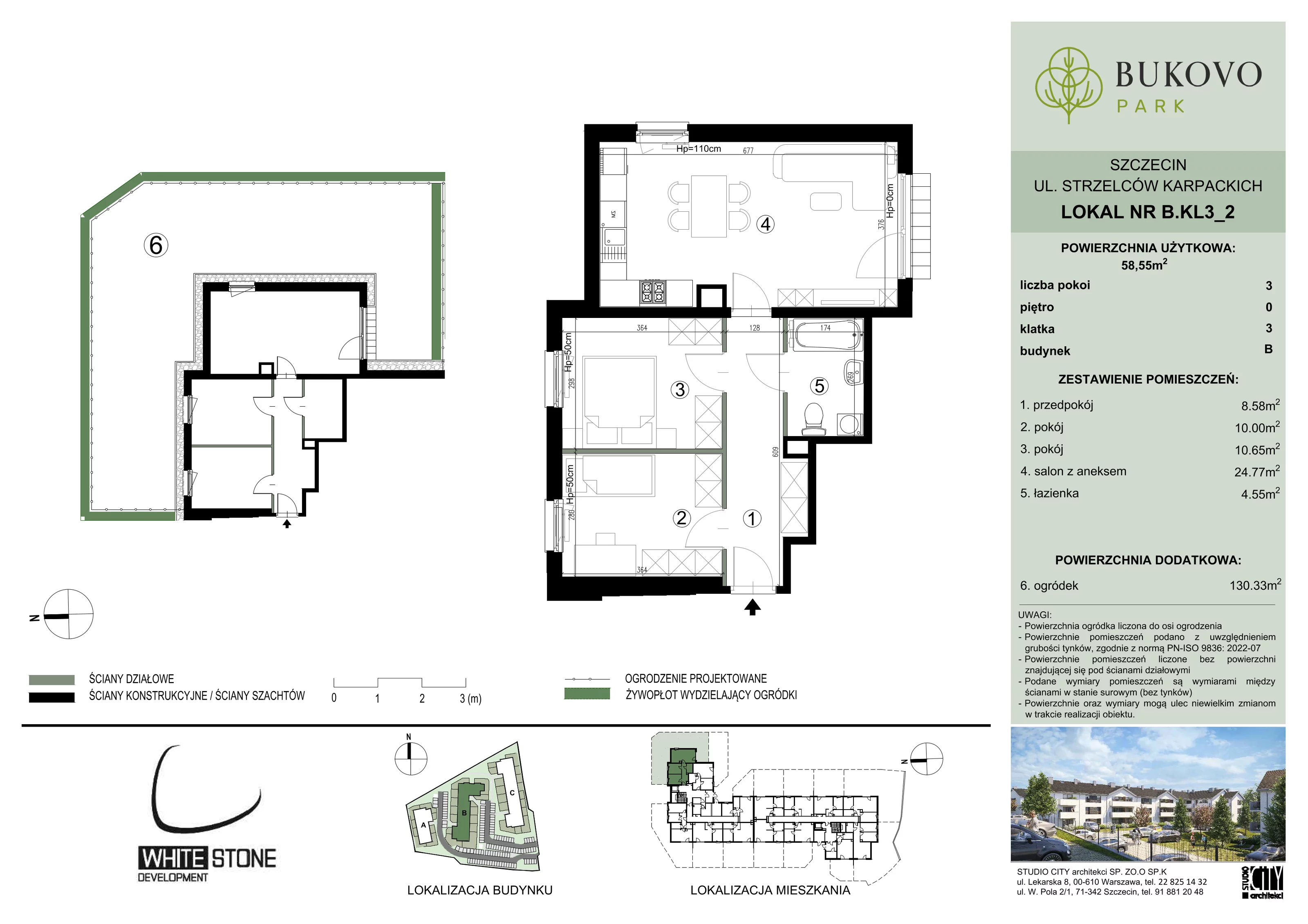 3 pokoje, mieszkanie 58,55 m², parter, oferta nr B_3_02, Bukovo Park, Szczecin, Północ, Bukowo, ul. Strzelców Karpackich