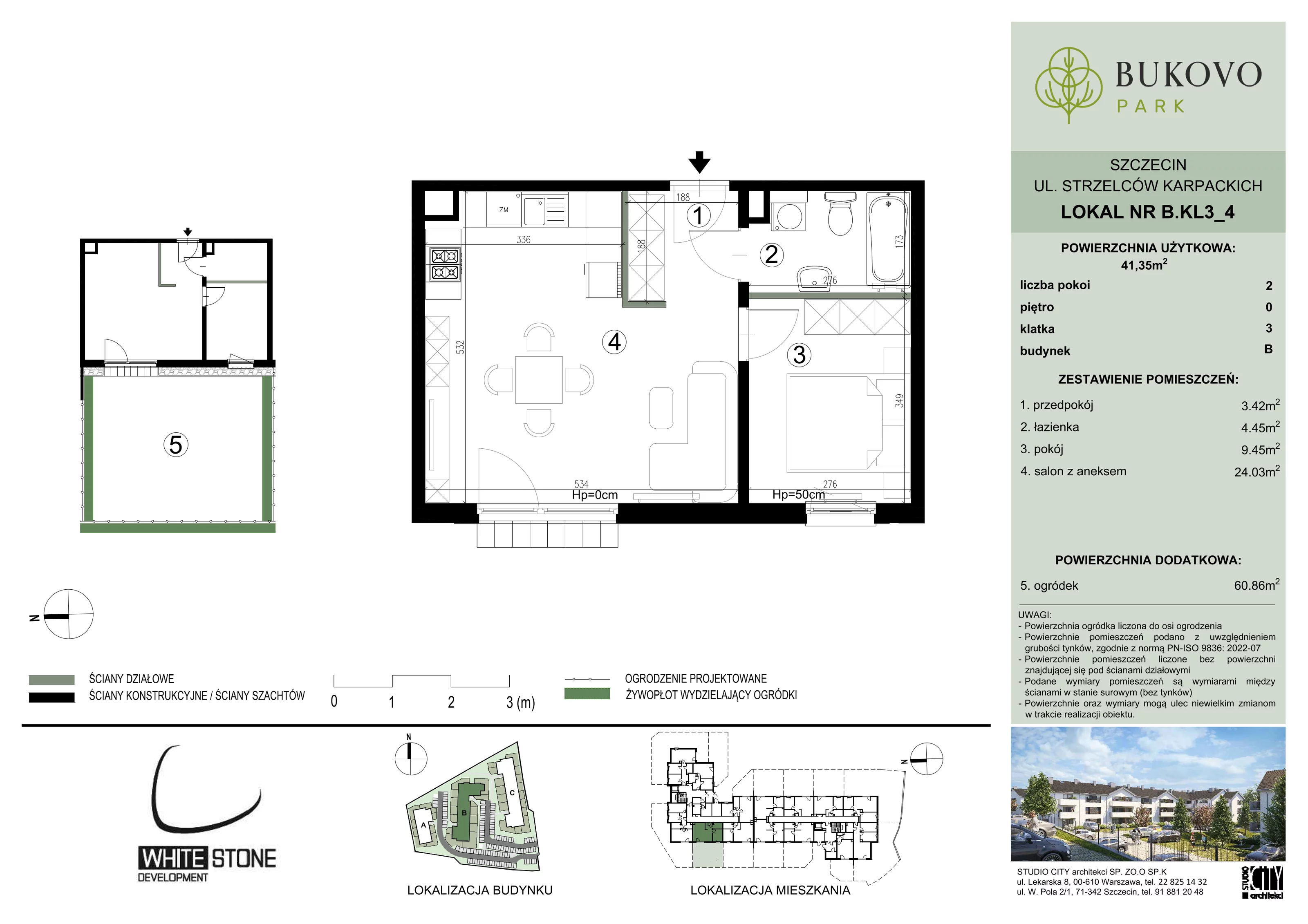 2 pokoje, mieszkanie 41,35 m², parter, oferta nr B_3_04, Bukovo Park, Szczecin, Północ, Bukowo, ul. Strzelców Karpackich