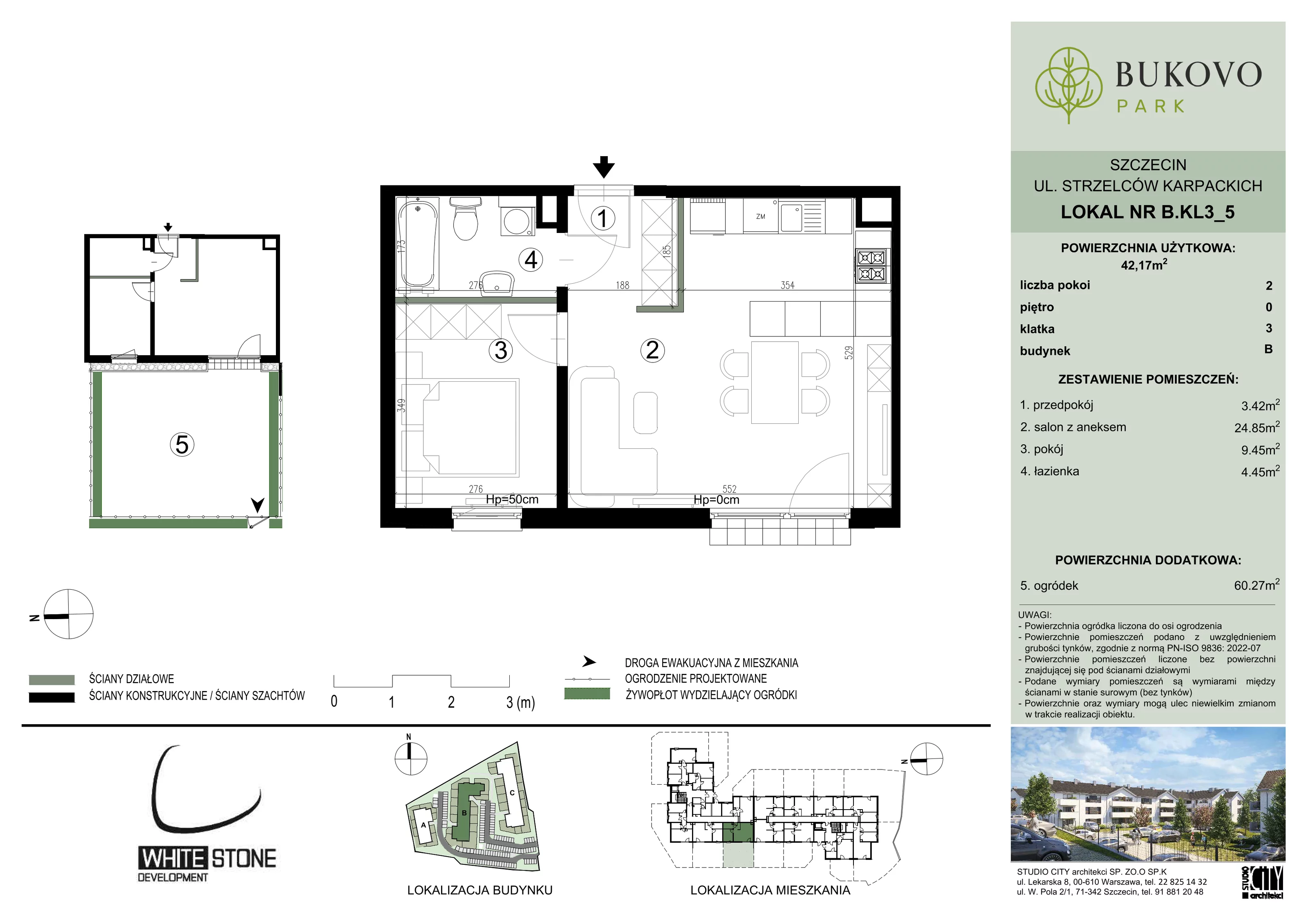 2 pokoje, mieszkanie 42,17 m², parter, oferta nr B_3_05, Bukovo Park, Szczecin, Północ, Bukowo, ul. Strzelców Karpackich