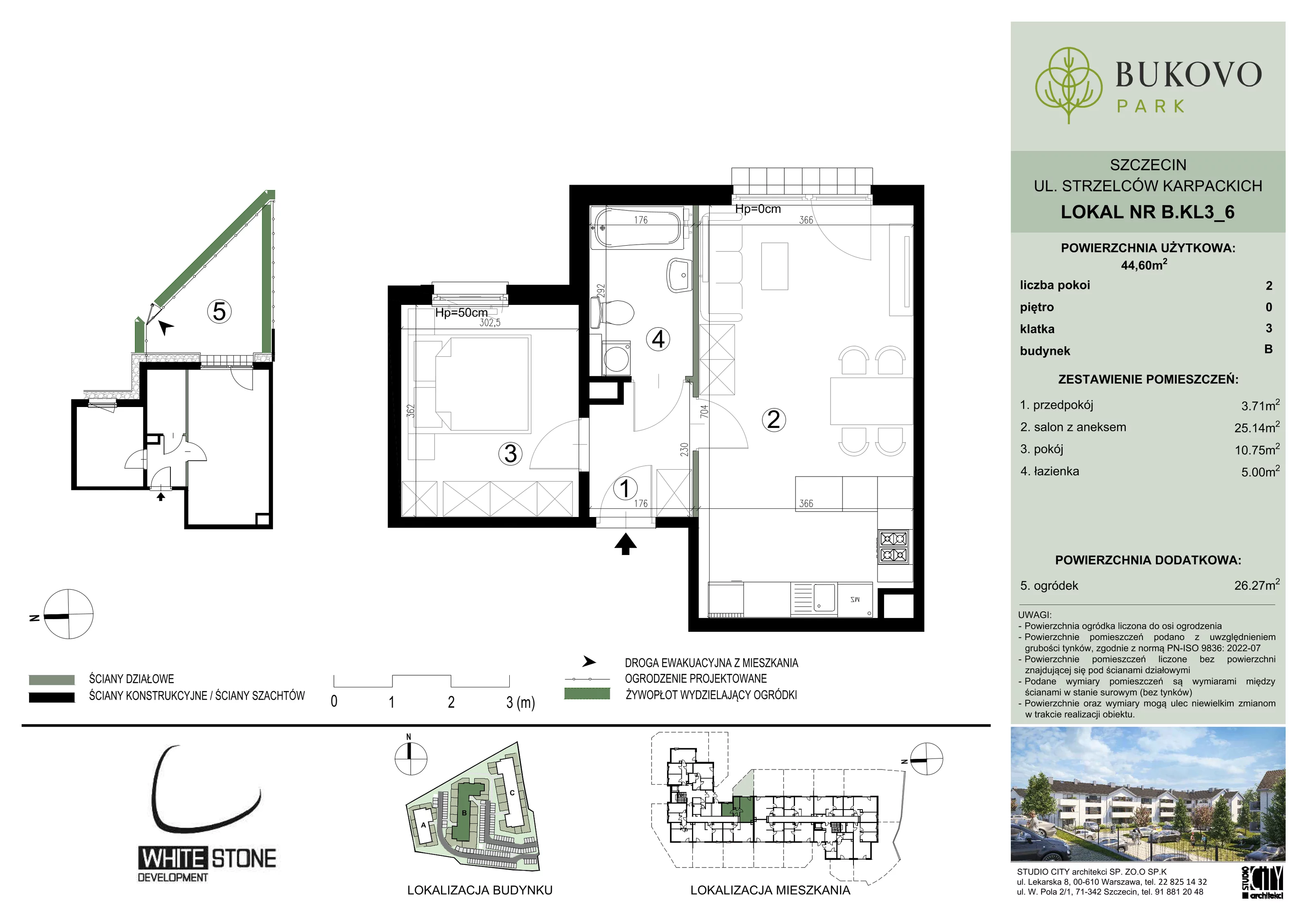 2 pokoje, mieszkanie 44,60 m², parter, oferta nr B_3_06, Bukovo Park, Szczecin, Północ, Bukowo, ul. Strzelców Karpackich