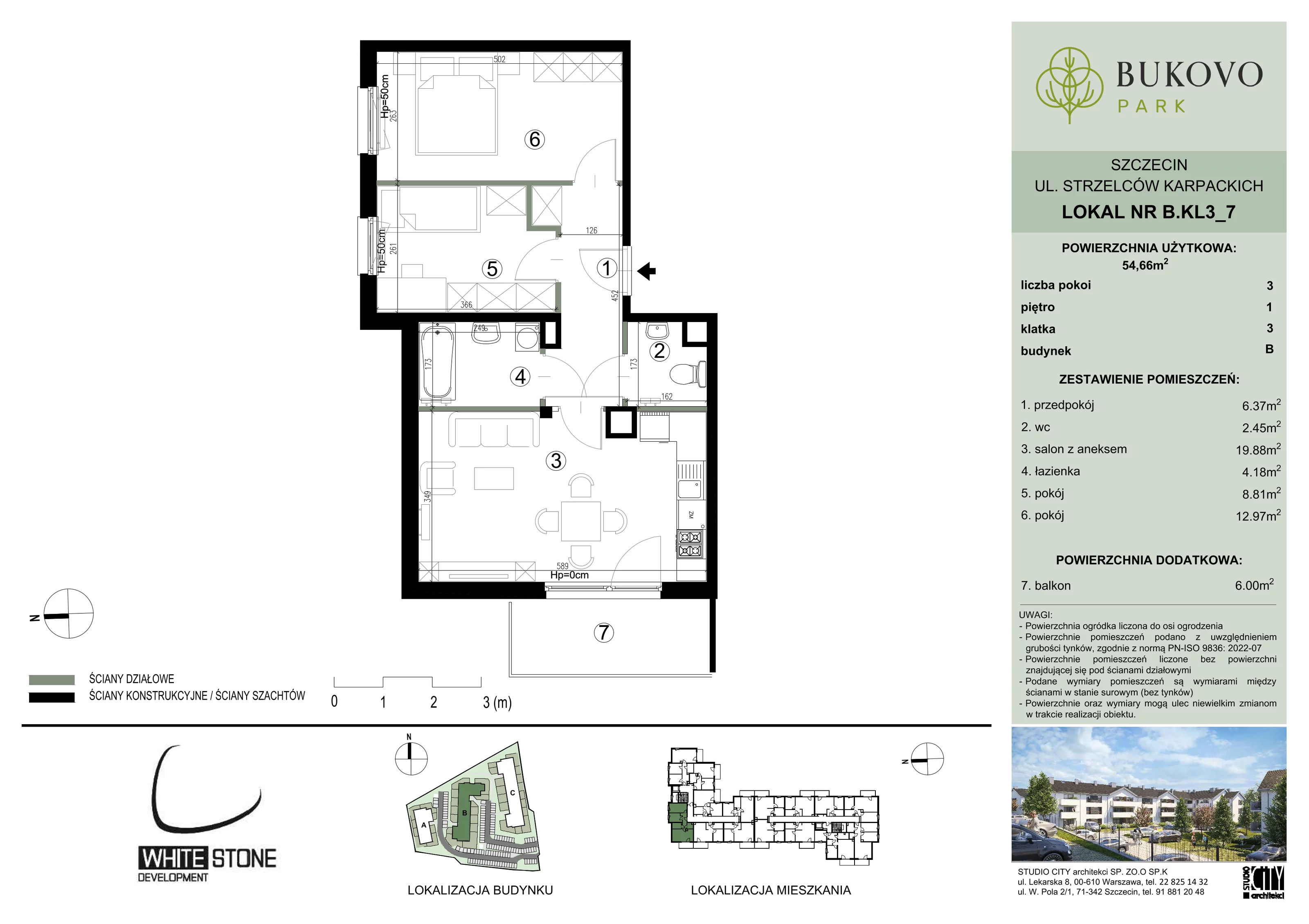3 pokoje, mieszkanie 54,66 m², piętro 1, oferta nr B_3_07, Bukovo Park, Szczecin, Północ, Bukowo, ul. Strzelców Karpackich