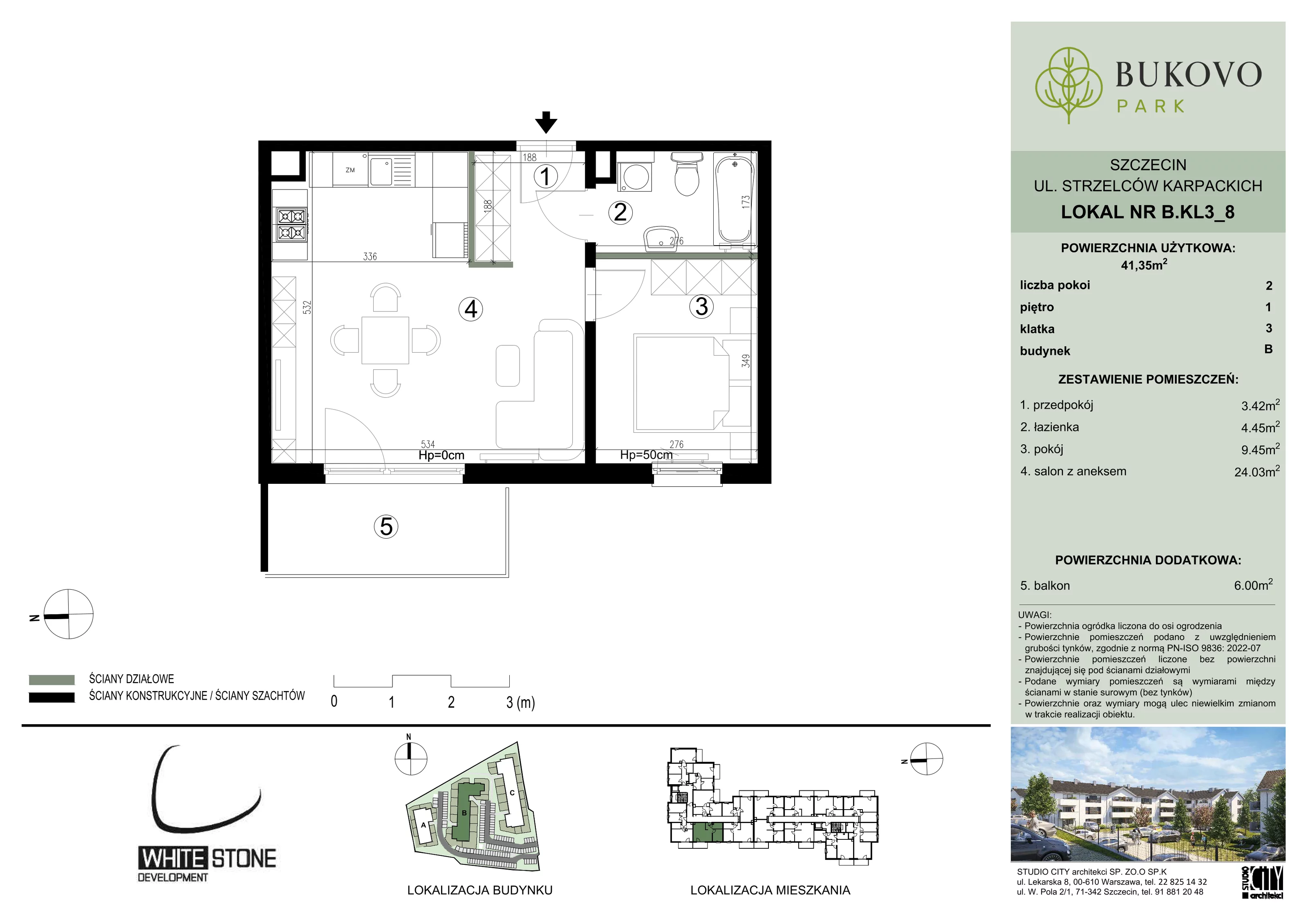 2 pokoje, mieszkanie 41,35 m², piętro 1, oferta nr B_3_08, Bukovo Park, Szczecin, Północ, Bukowo, ul. Strzelców Karpackich