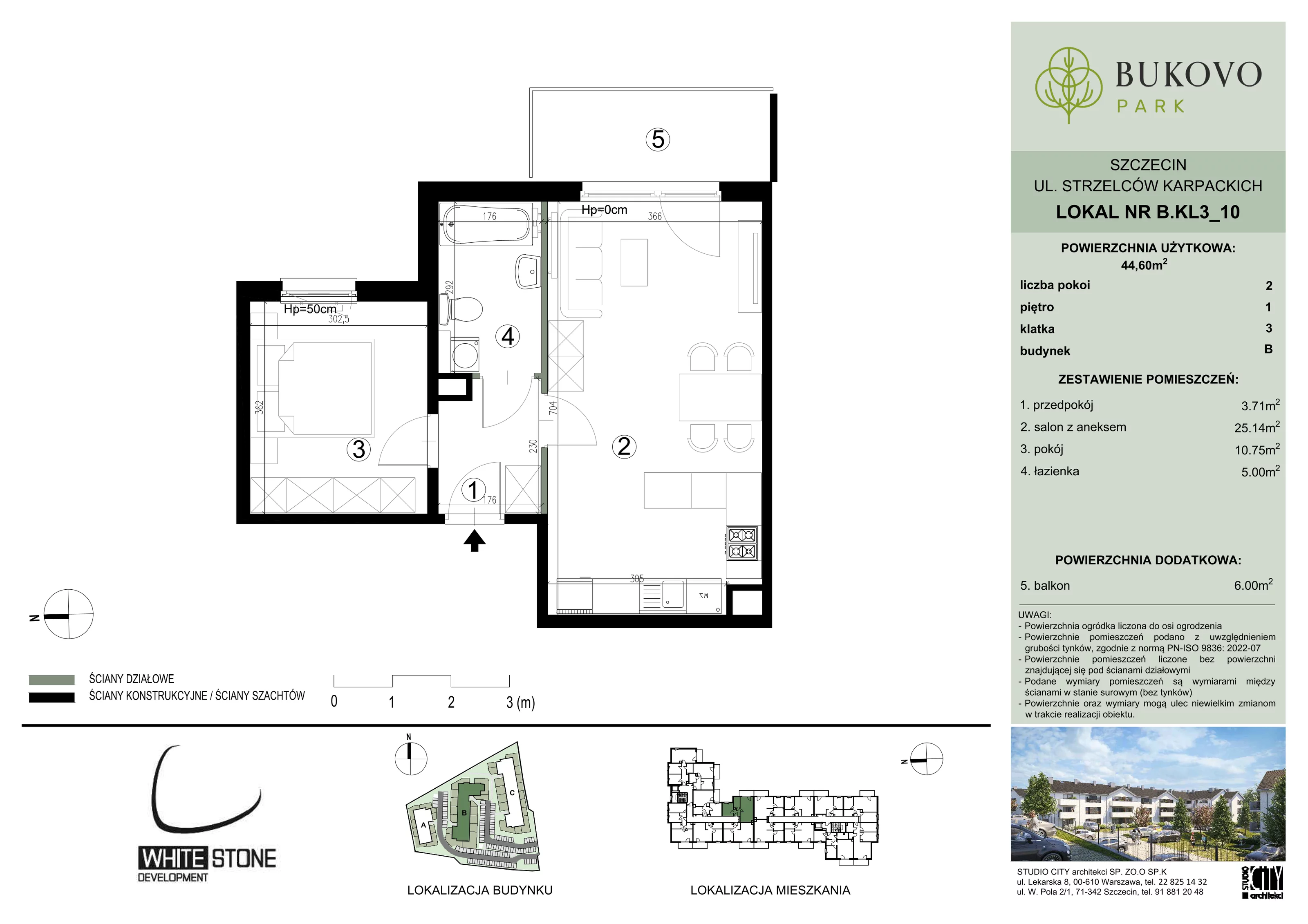 2 pokoje, mieszkanie 44,60 m², piętro 1, oferta nr B_3_10, Bukovo Park, Szczecin, Północ, Bukowo, ul. Strzelców Karpackich