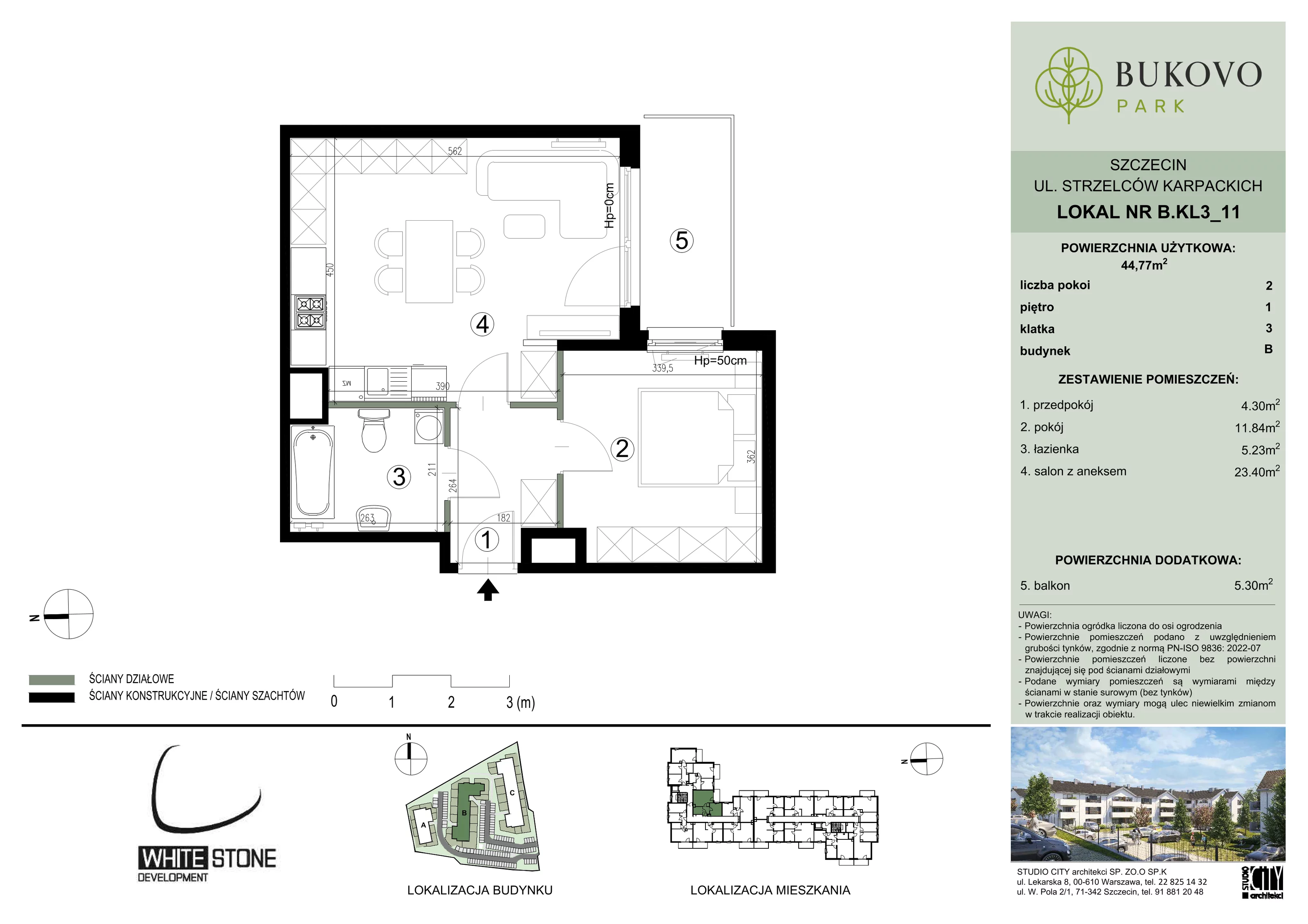 2 pokoje, mieszkanie 44,77 m², piętro 1, oferta nr B_3_11, Bukovo Park, Szczecin, Północ, Bukowo, ul. Strzelców Karpackich