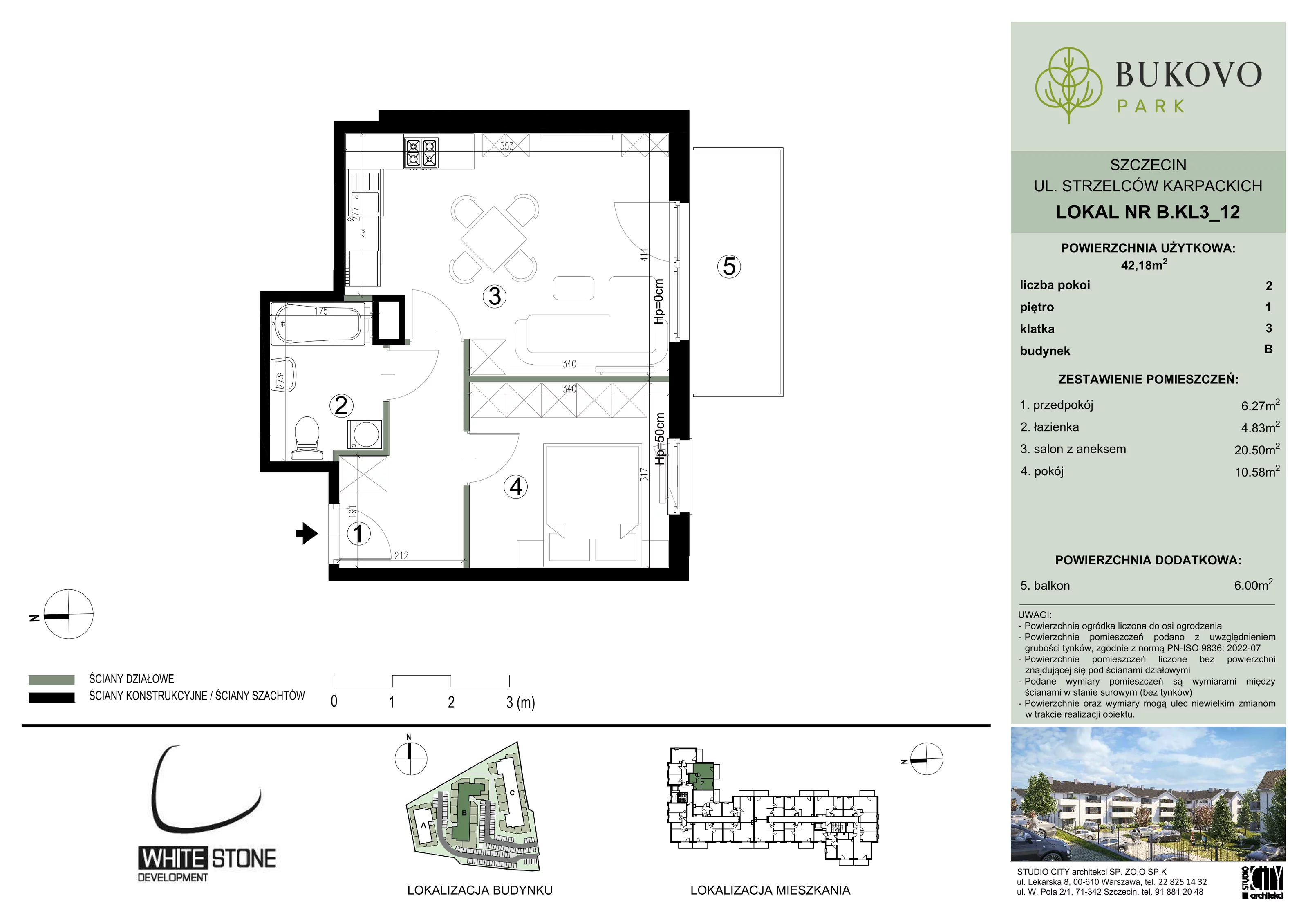 2 pokoje, mieszkanie 42,18 m², piętro 1, oferta nr B_3_12, Bukovo Park, Szczecin, Północ, Bukowo, ul. Strzelców Karpackich