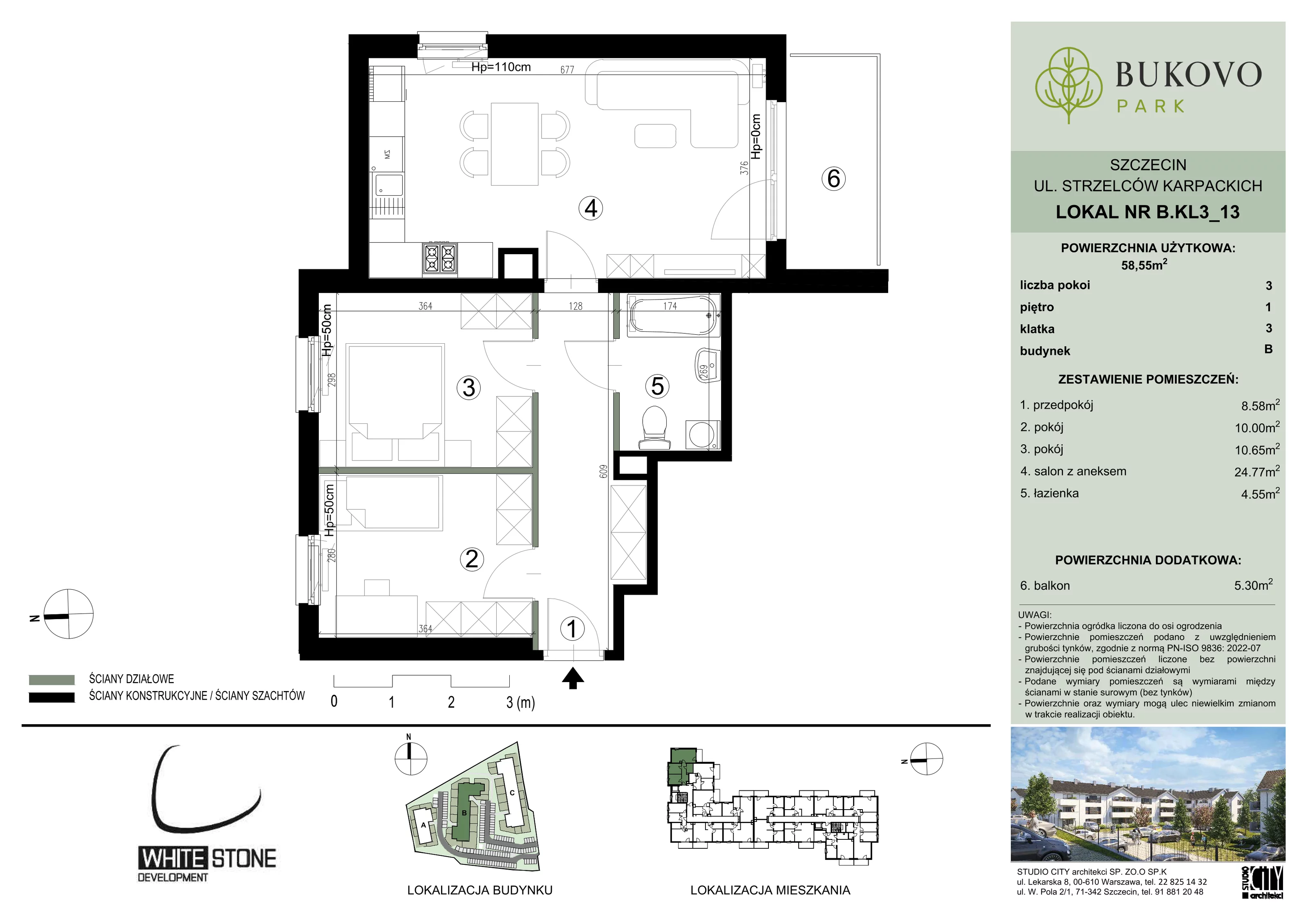 3 pokoje, mieszkanie 58,55 m², piętro 1, oferta nr B_3_13, Bukovo Park, Szczecin, Północ, Bukowo, ul. Strzelców Karpackich
