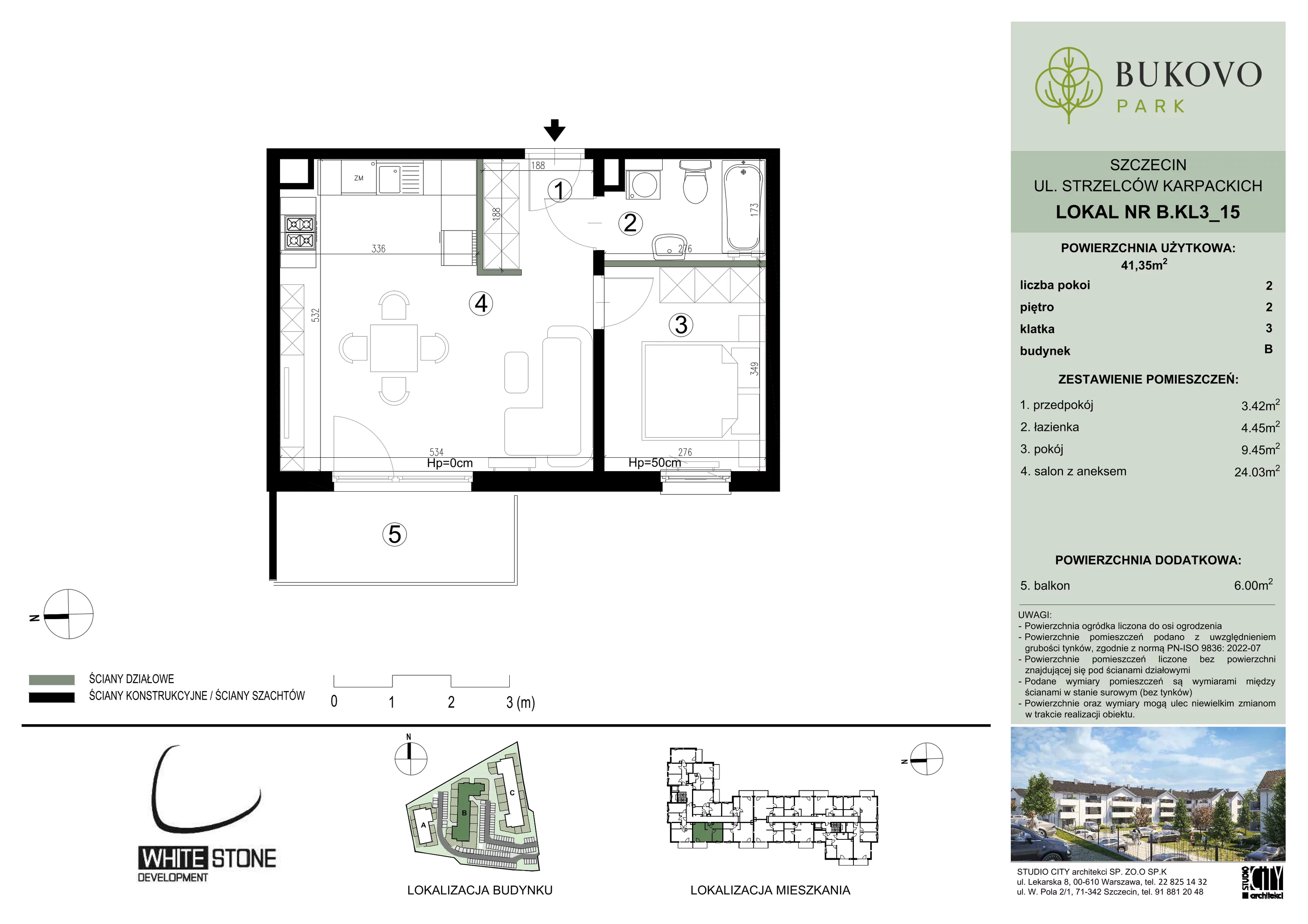 2 pokoje, mieszkanie 41,35 m², piętro 2, oferta nr B_3_15, Bukovo Park, Szczecin, Północ, Bukowo, ul. Strzelców Karpackich
