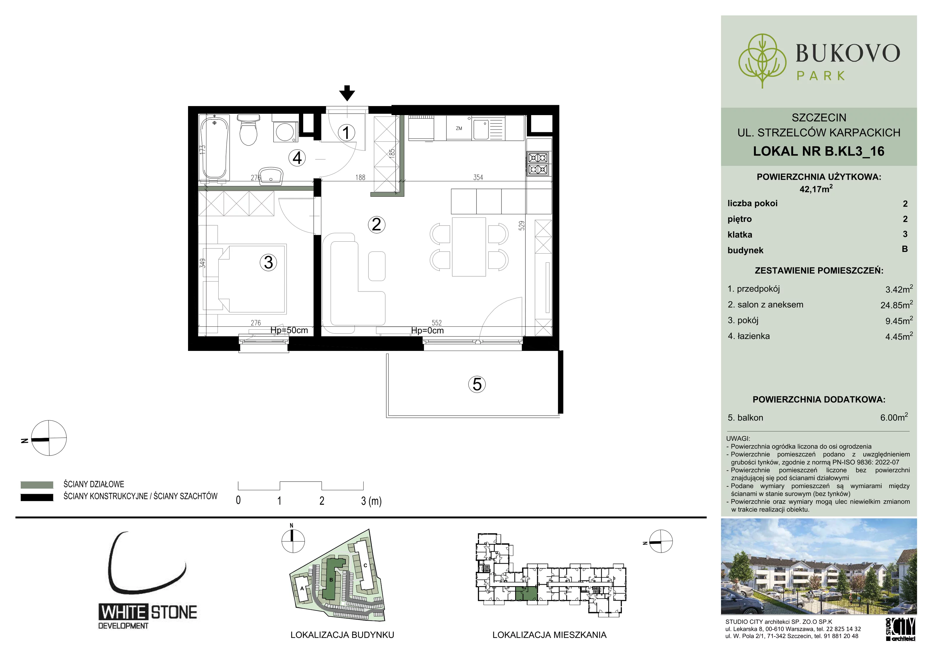 2 pokoje, mieszkanie 42,17 m², piętro 2, oferta nr B_3_16, Bukovo Park, Szczecin, Północ, Bukowo, ul. Strzelców Karpackich