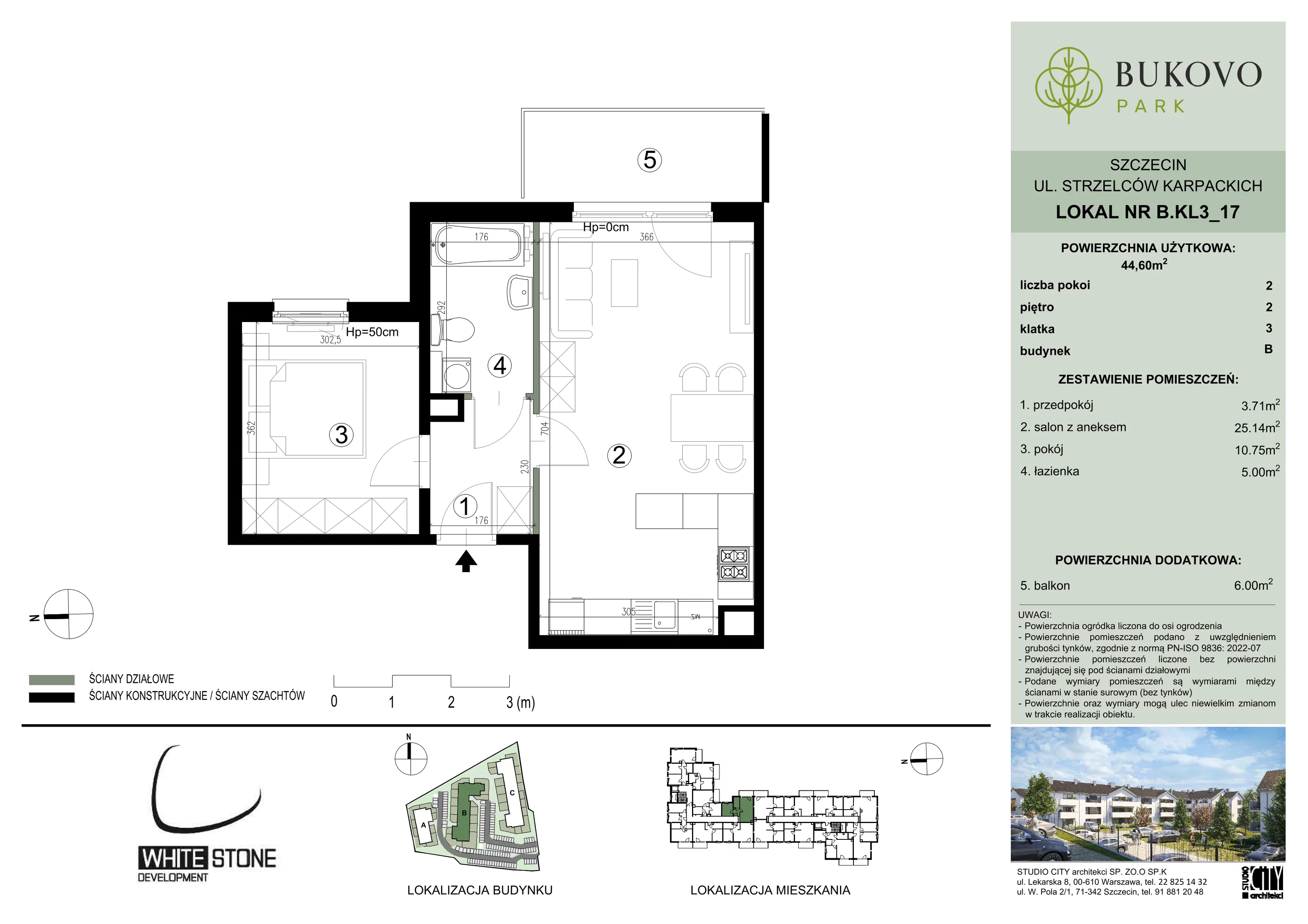 2 pokoje, mieszkanie 44,60 m², piętro 2, oferta nr B_3_17, Bukovo Park, Szczecin, Północ, Bukowo, ul. Strzelców Karpackich