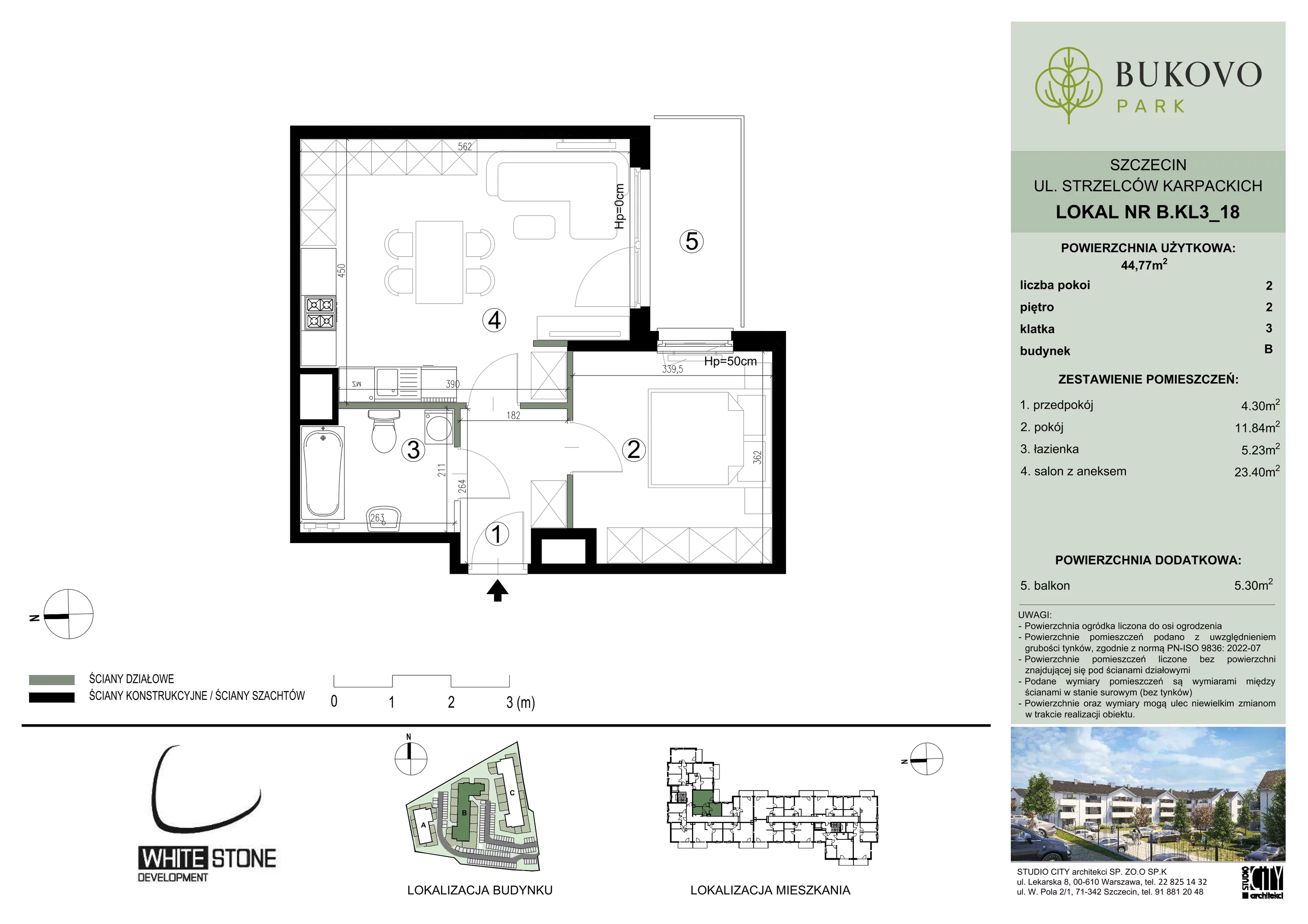 2 pokoje, mieszkanie 44,77 m², piętro 2, oferta nr B_3_18, Bukovo Park, Szczecin, Północ, Bukowo, ul. Strzelców Karpackich