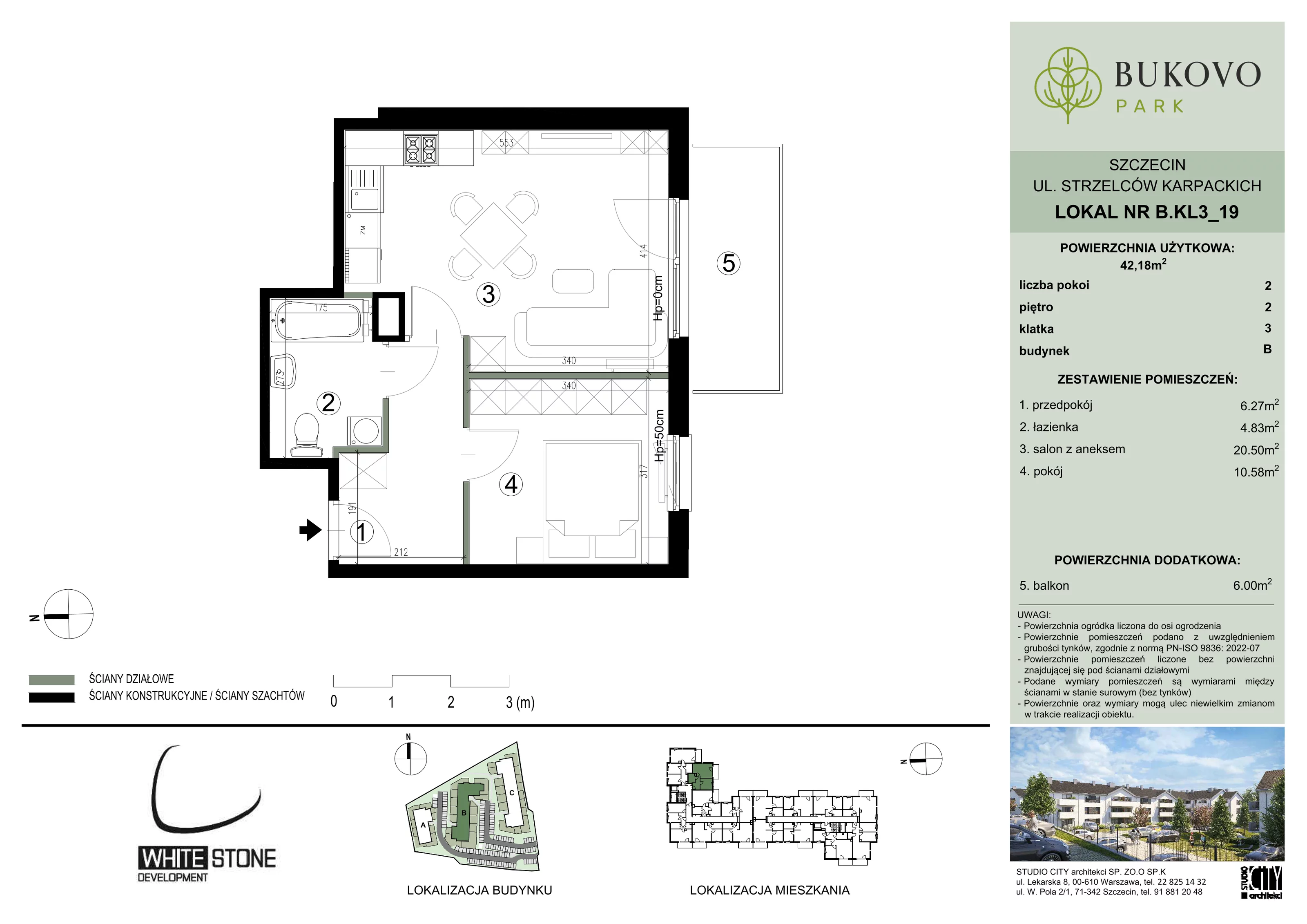 2 pokoje, mieszkanie 42,18 m², piętro 2, oferta nr B_3_19, Bukovo Park, Szczecin, Północ, Bukowo, ul. Strzelców Karpackich