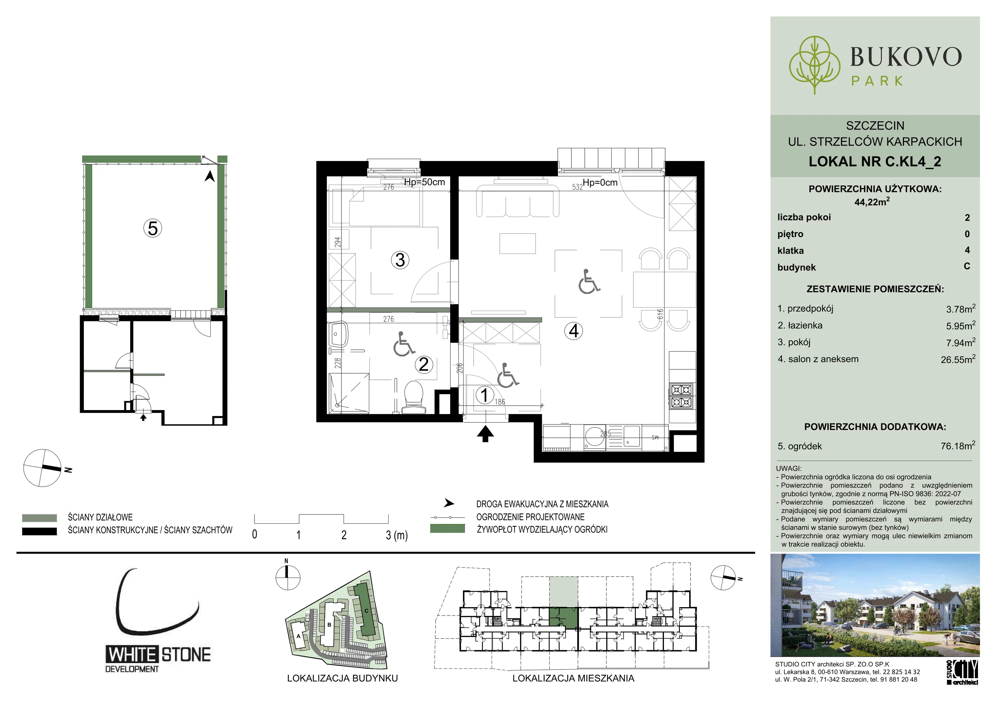 2 pokoje, mieszkanie 44,22 m², parter, oferta nr C_4_02, Bukovo Park, Szczecin, Północ, Bukowo, ul. Strzelców Karpackich