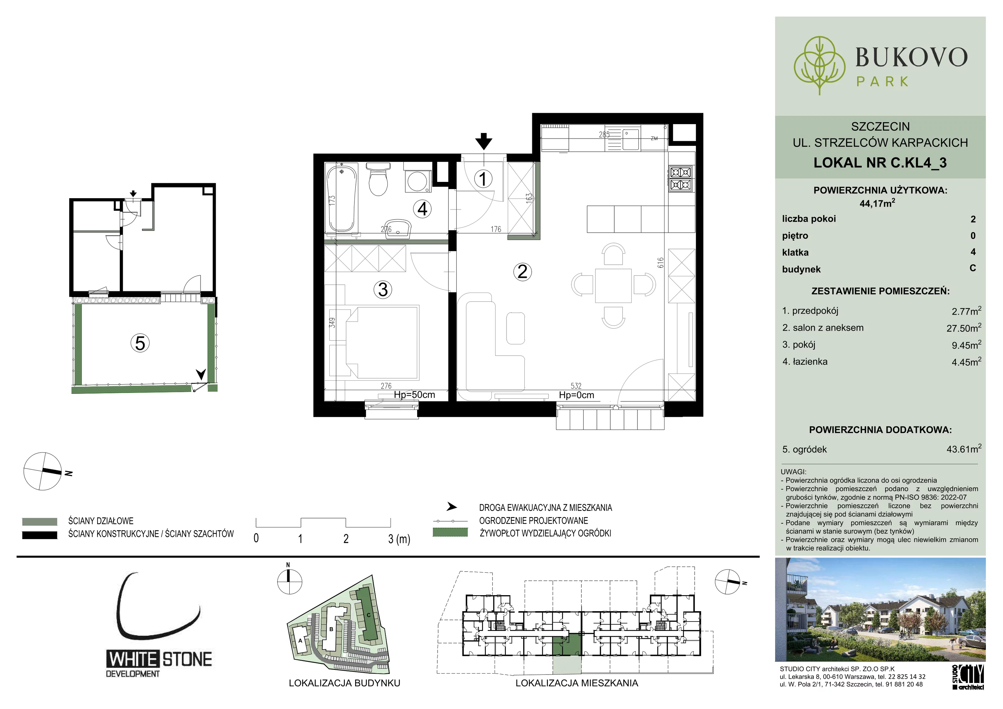 2 pokoje, mieszkanie 44,17 m², parter, oferta nr C_4_03, Bukovo Park, Szczecin, Północ, Bukowo, ul. Strzelców Karpackich