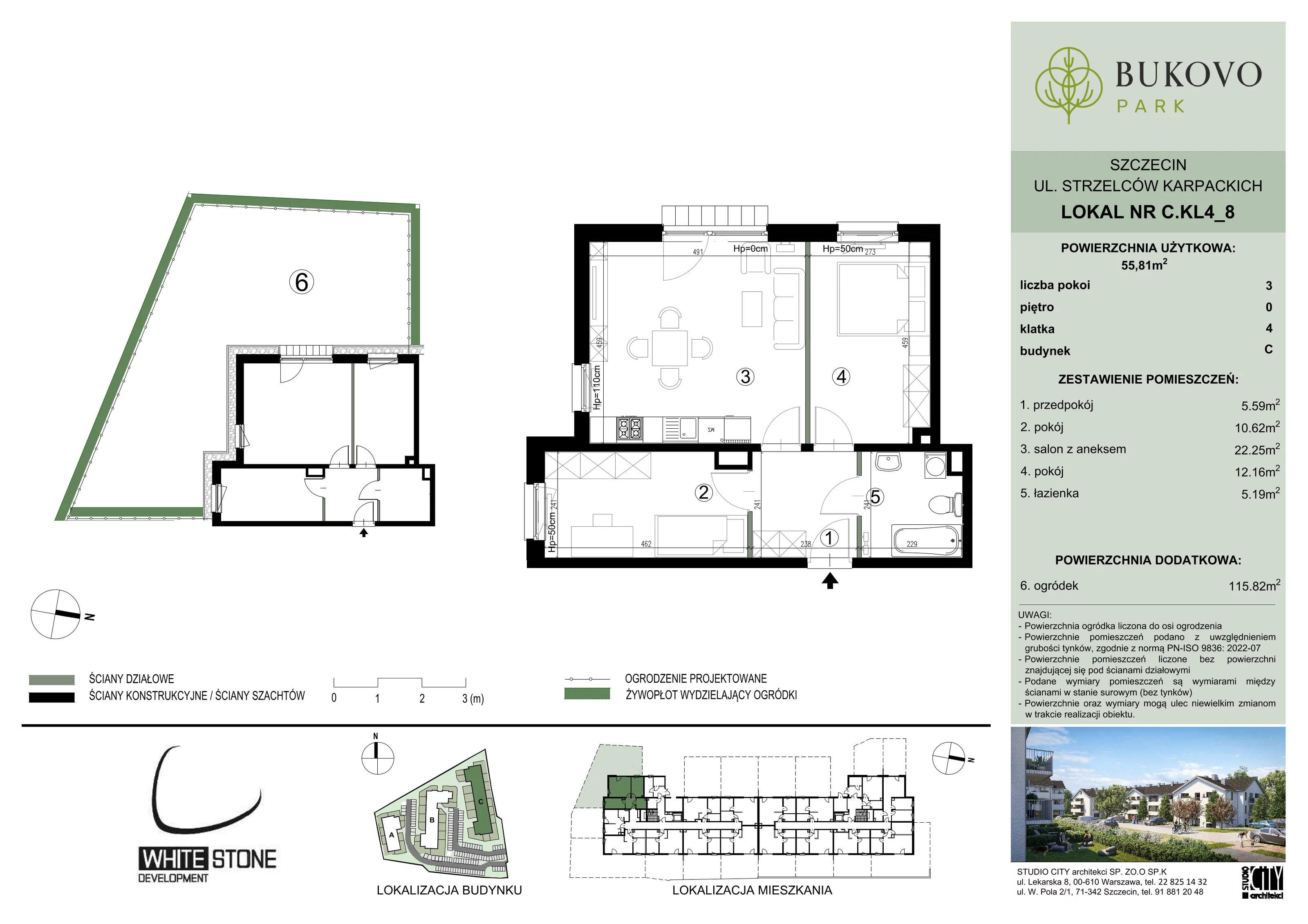 3 pokoje, mieszkanie 55,81 m², parter, oferta nr C_4_08, Bukovo Park, Szczecin, Północ, Bukowo, ul. Strzelców Karpackich