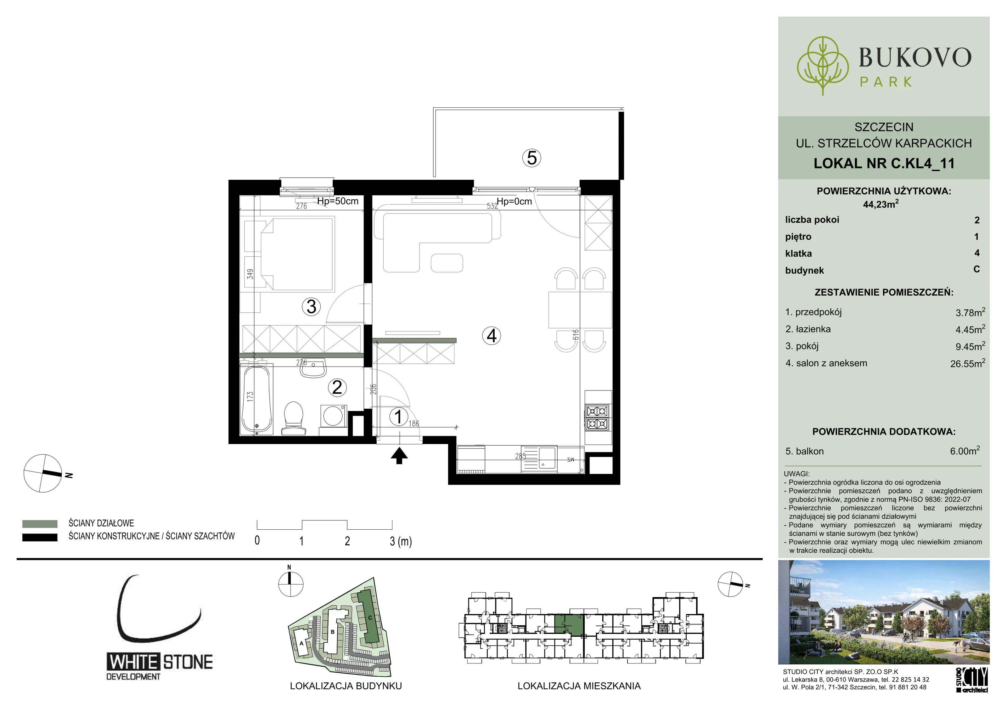 2 pokoje, mieszkanie 44,23 m², piętro 1, oferta nr C_4_11, Bukovo Park, Szczecin, Północ, Bukowo, ul. Strzelców Karpackich
