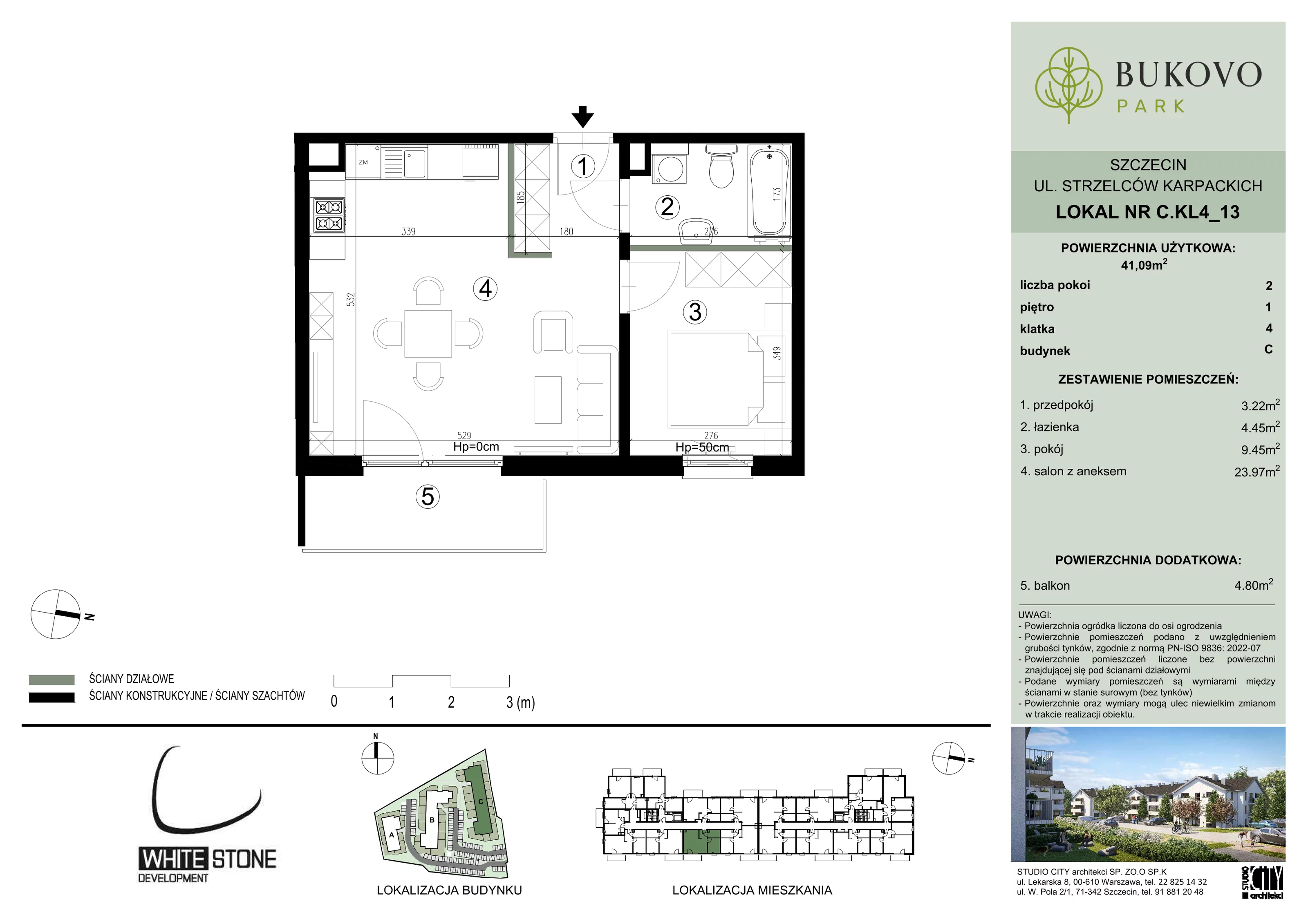 2 pokoje, mieszkanie 41,09 m², piętro 1, oferta nr C_4_13, Bukovo Park, Szczecin, Północ, Bukowo, ul. Strzelców Karpackich