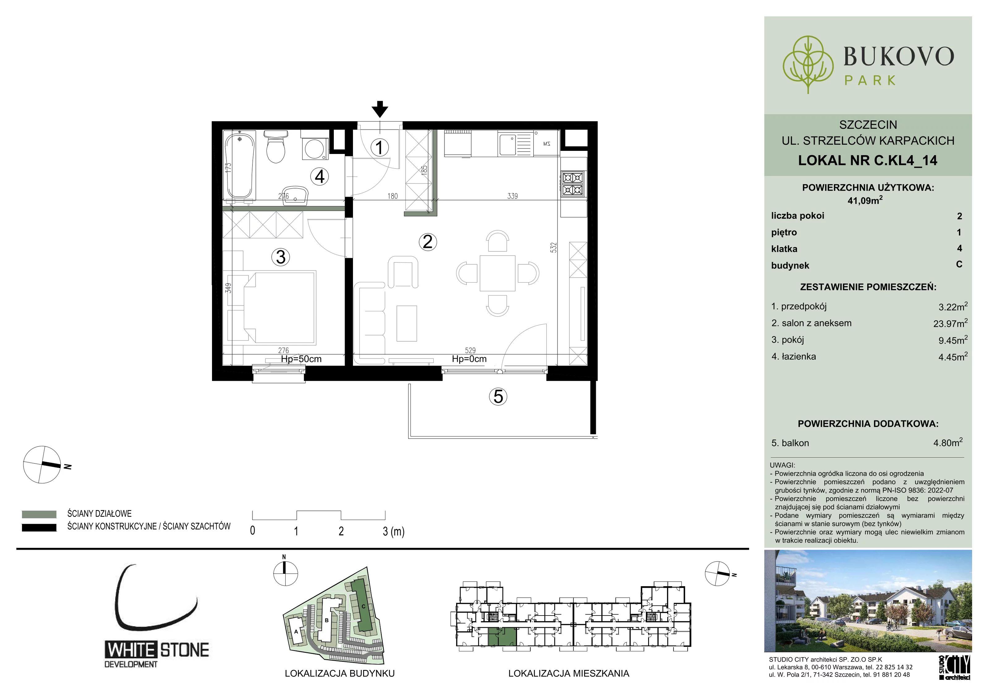 2 pokoje, mieszkanie 41,09 m², piętro 1, oferta nr C_4_14, Bukovo Park, Szczecin, Północ, Bukowo, ul. Strzelców Karpackich