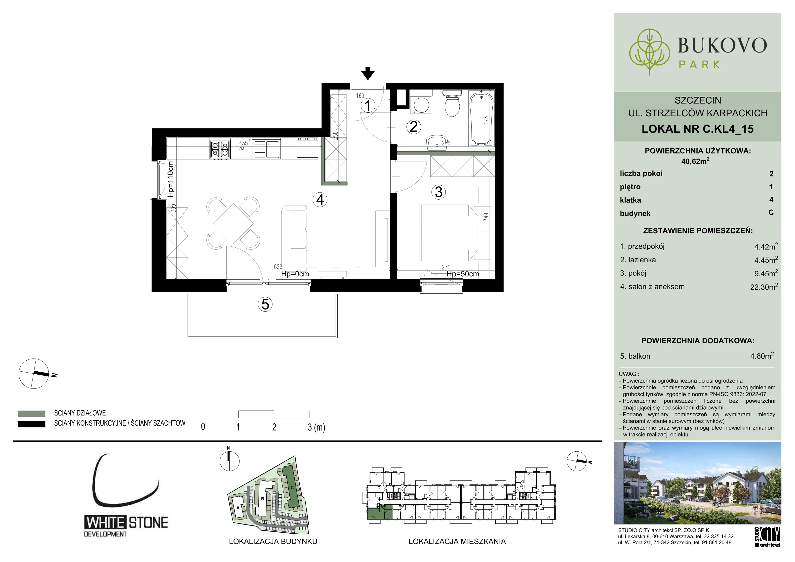 2 pokoje, mieszkanie 40,62 m², piętro 1, oferta nr C_4_15, Bukovo Park, Szczecin, Północ, Bukowo, ul. Strzelców Karpackich