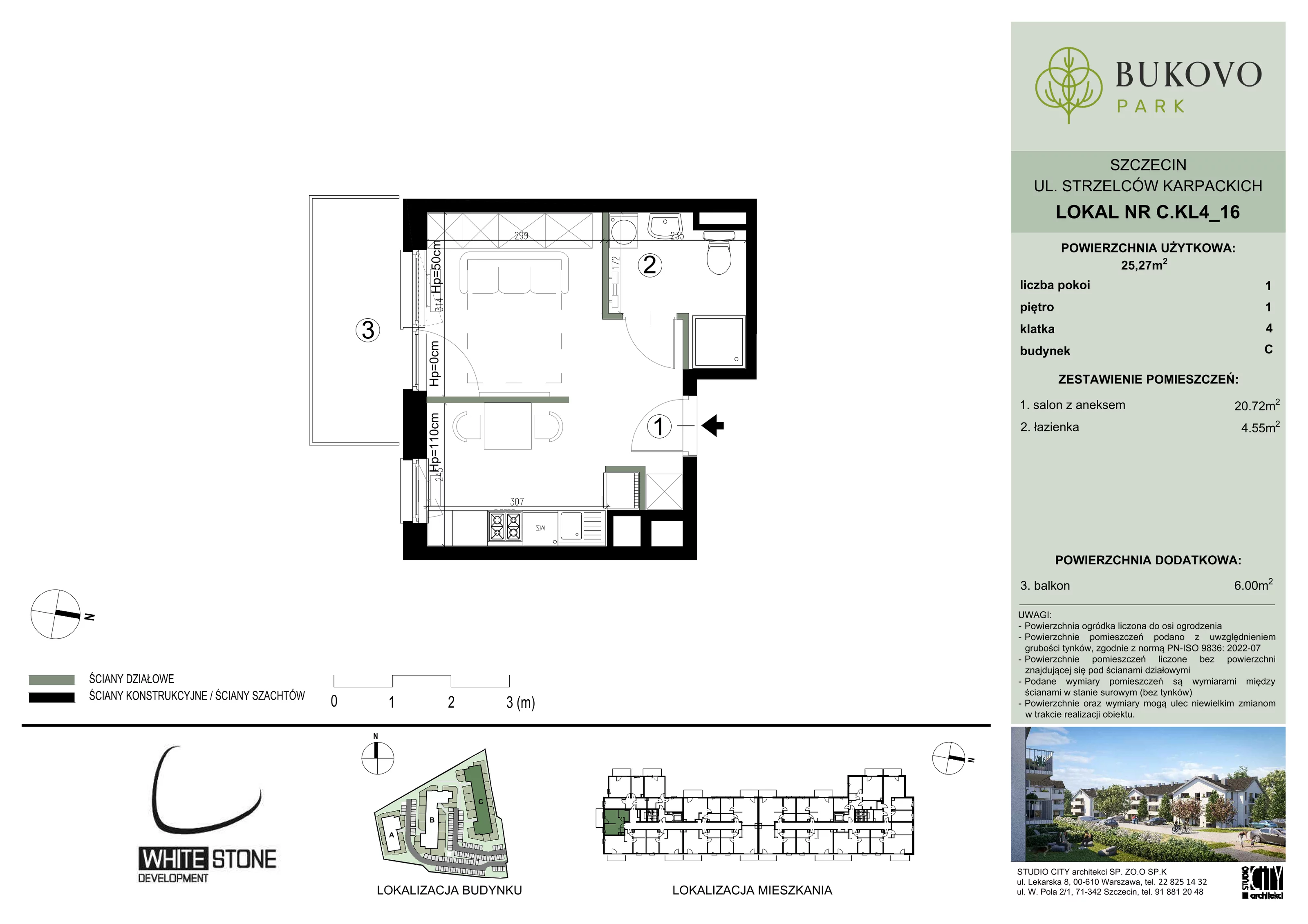 1 pokój, mieszkanie 25,27 m², piętro 1, oferta nr C_4_16, Bukovo Park, Szczecin, Północ, Bukowo, ul. Strzelców Karpackich