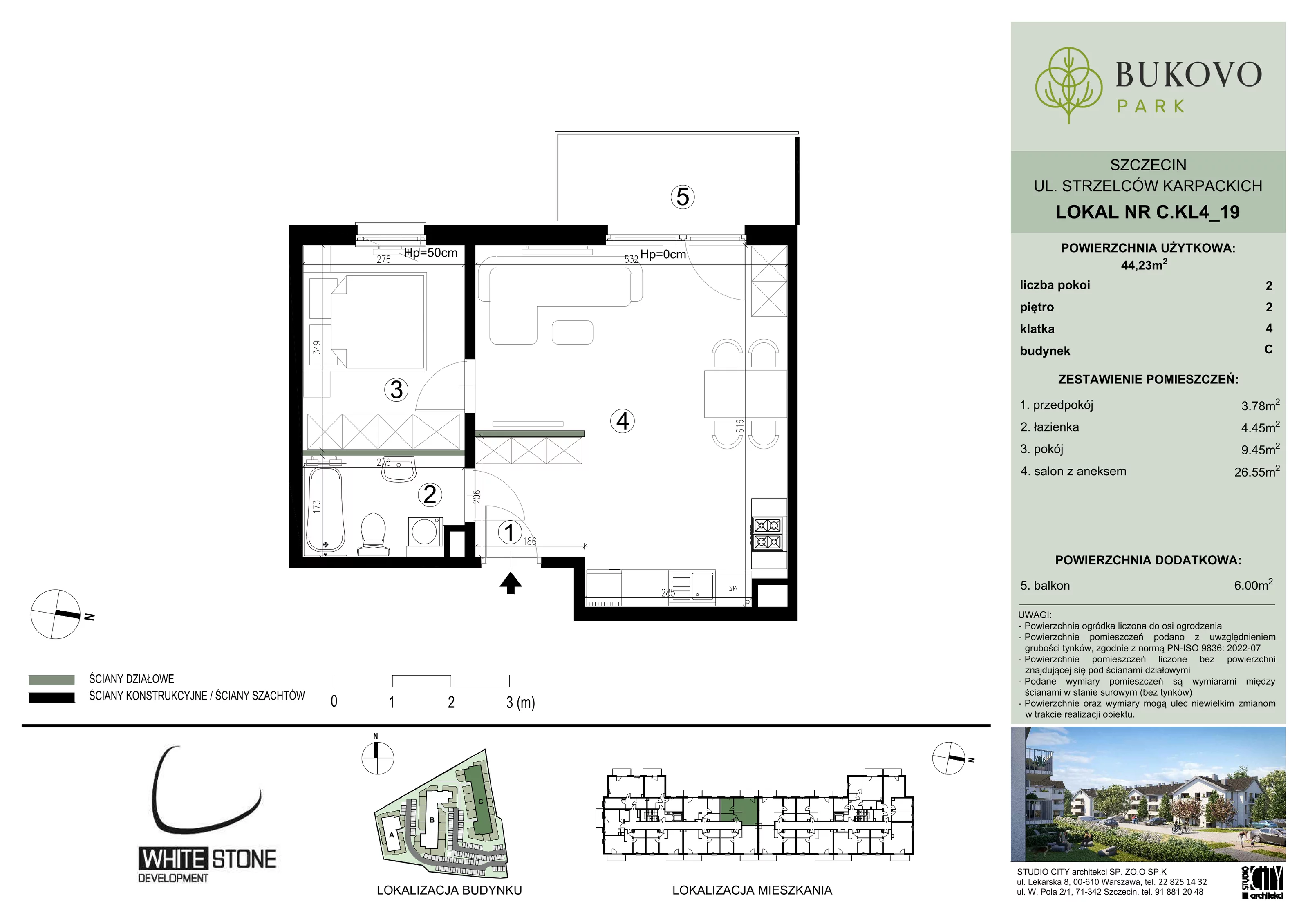 2 pokoje, mieszkanie 44,23 m², piętro 2, oferta nr C_4_19, Bukovo Park, Szczecin, Północ, Bukowo, ul. Strzelców Karpackich