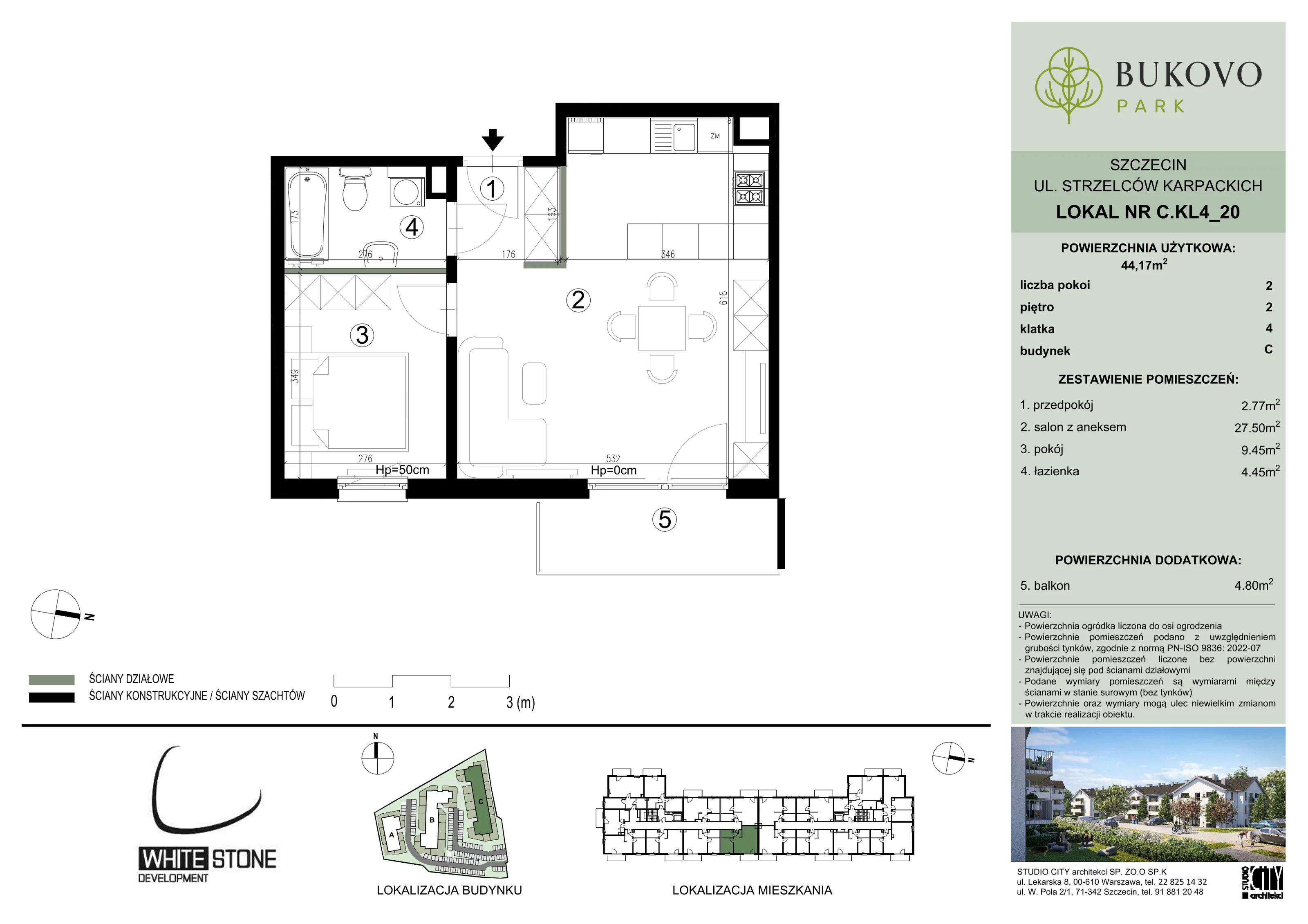 2 pokoje, mieszkanie 44,17 m², piętro 2, oferta nr C_4_20, Bukovo Park, Szczecin, Północ, Bukowo, ul. Strzelców Karpackich