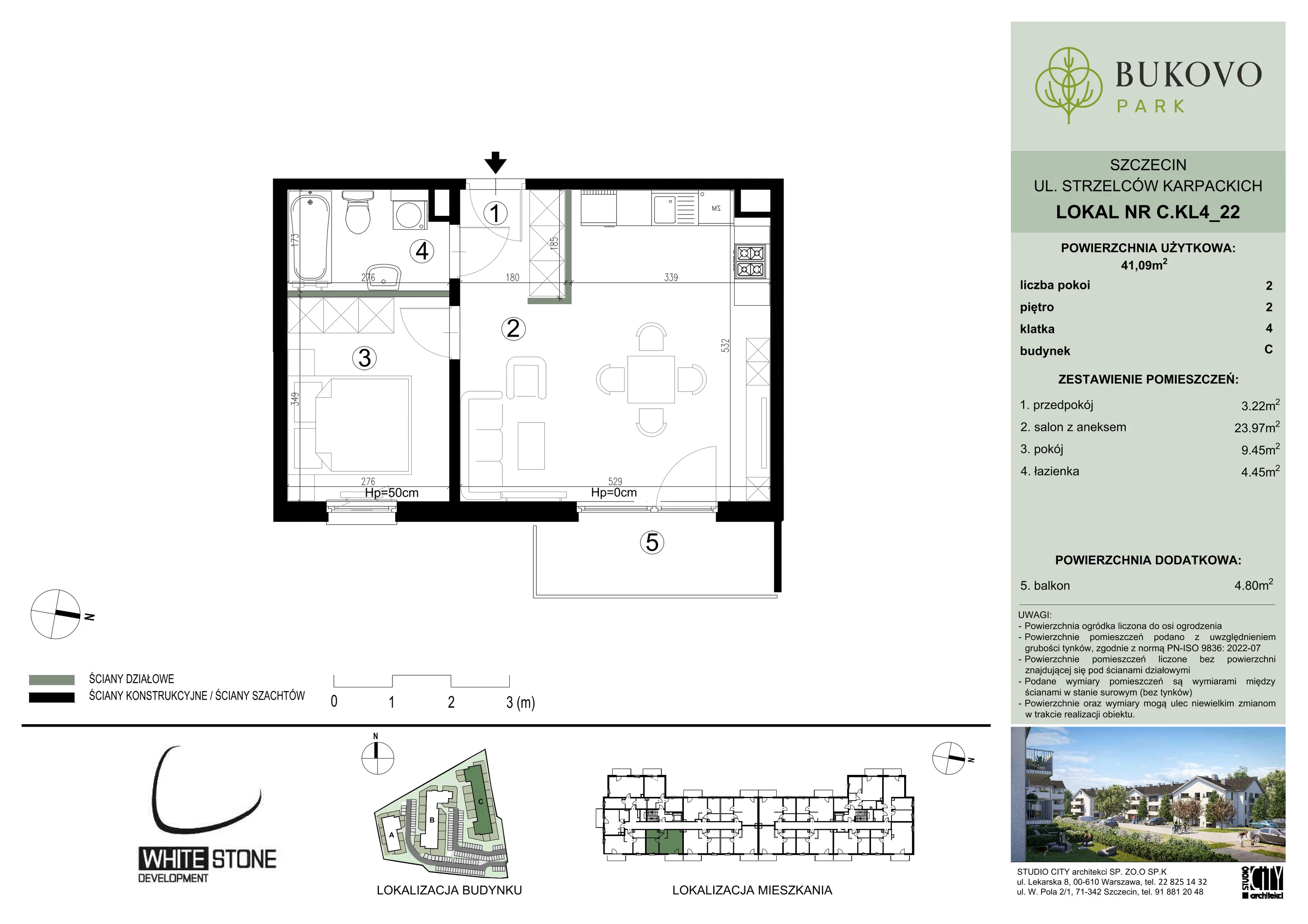 2 pokoje, mieszkanie 41,09 m², piętro 2, oferta nr C_4_22, Bukovo Park, Szczecin, Północ, Bukowo, ul. Strzelców Karpackich