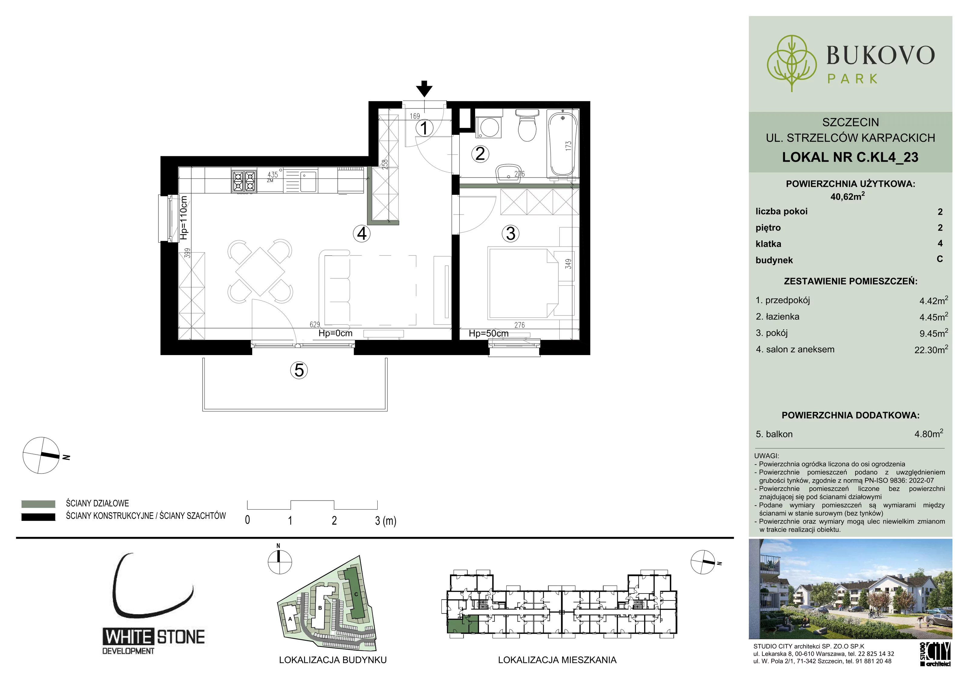 2 pokoje, mieszkanie 40,62 m², piętro 2, oferta nr C_4_23, Bukovo Park, Szczecin, Północ, Bukowo, ul. Strzelców Karpackich
