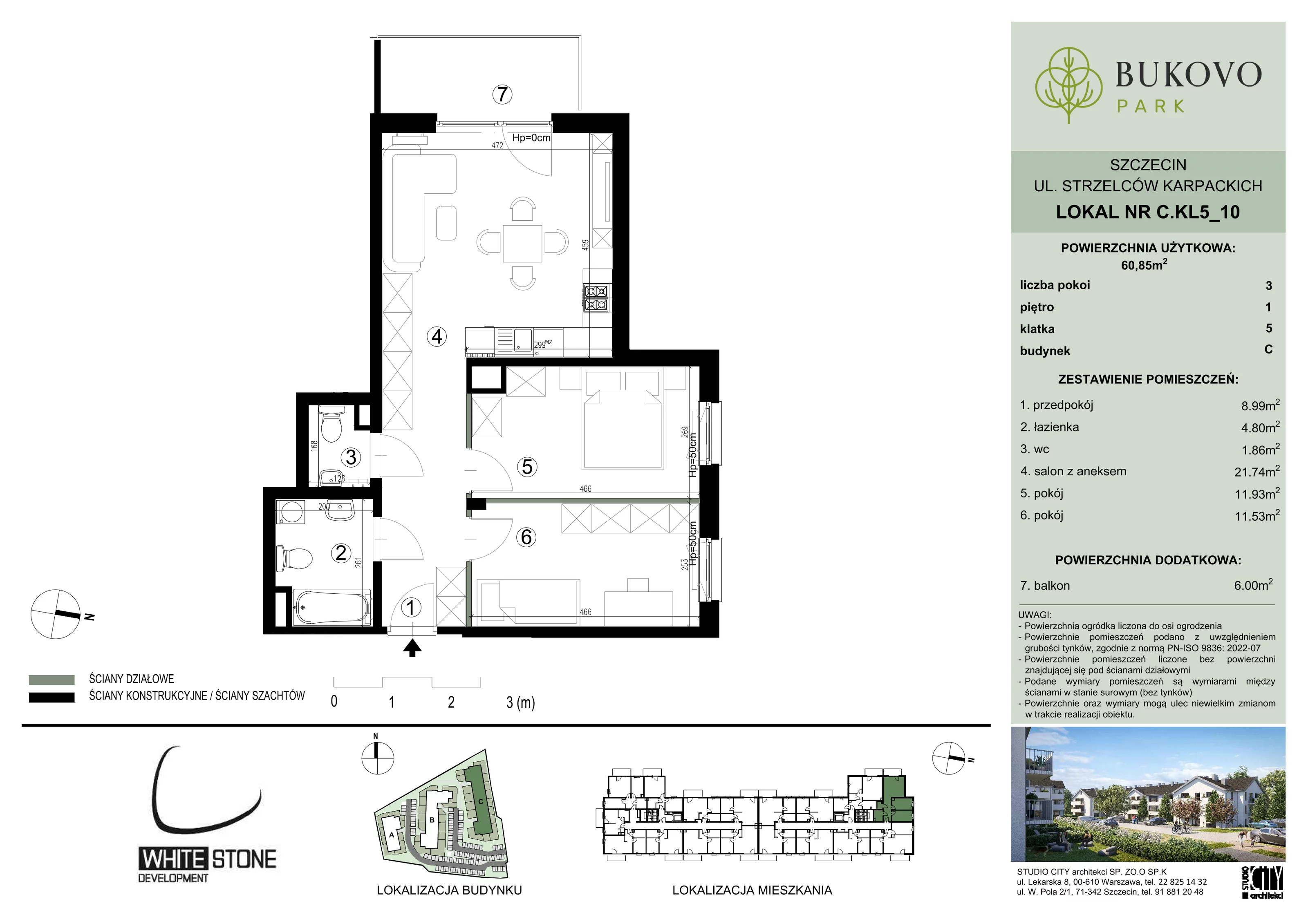 3 pokoje, mieszkanie 60,85 m², piętro 1, oferta nr C_5_10, Bukovo Park, Szczecin, Północ, Bukowo, ul. Strzelców Karpackich