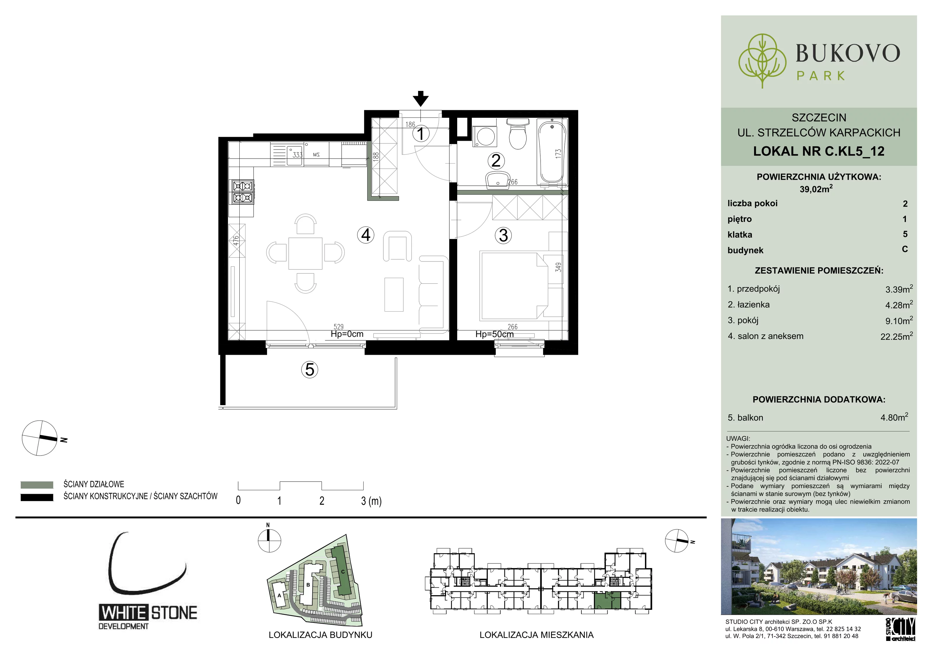 2 pokoje, mieszkanie 39,02 m², piętro 1, oferta nr C_5_12, Bukovo Park, Szczecin, Północ, Bukowo, ul. Strzelców Karpackich