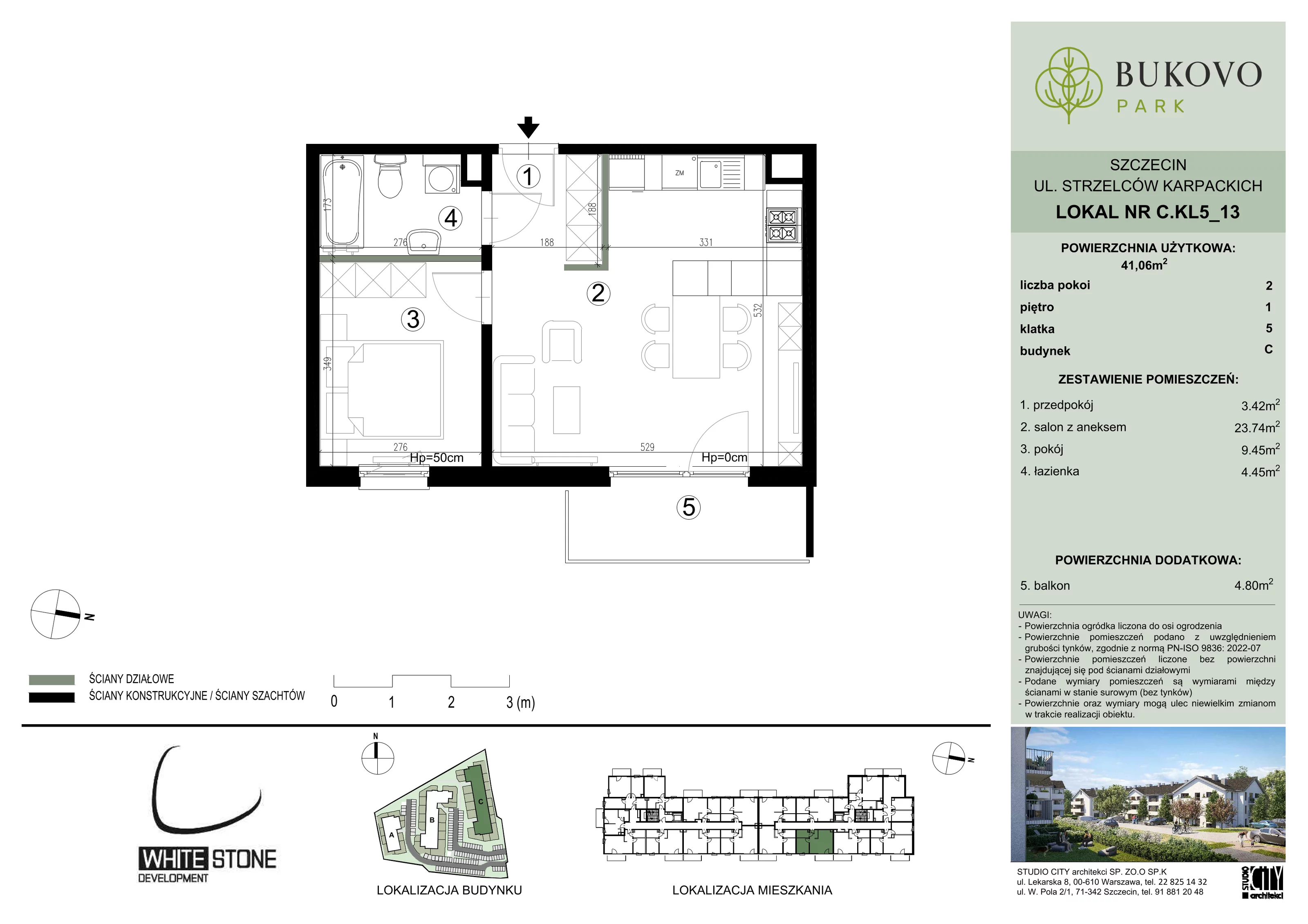 2 pokoje, mieszkanie 41,06 m², piętro 1, oferta nr C_5_13, Bukovo Park, Szczecin, Północ, Bukowo, ul. Strzelców Karpackich