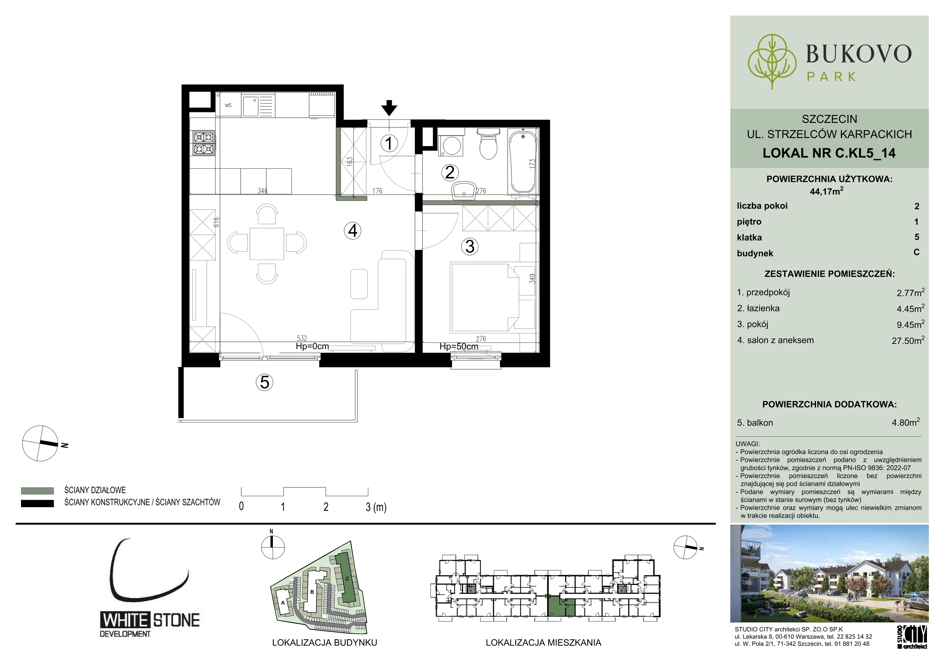 2 pokoje, mieszkanie 44,17 m², piętro 1, oferta nr C_5_14, Bukovo Park, Szczecin, Północ, Bukowo, ul. Strzelców Karpackich
