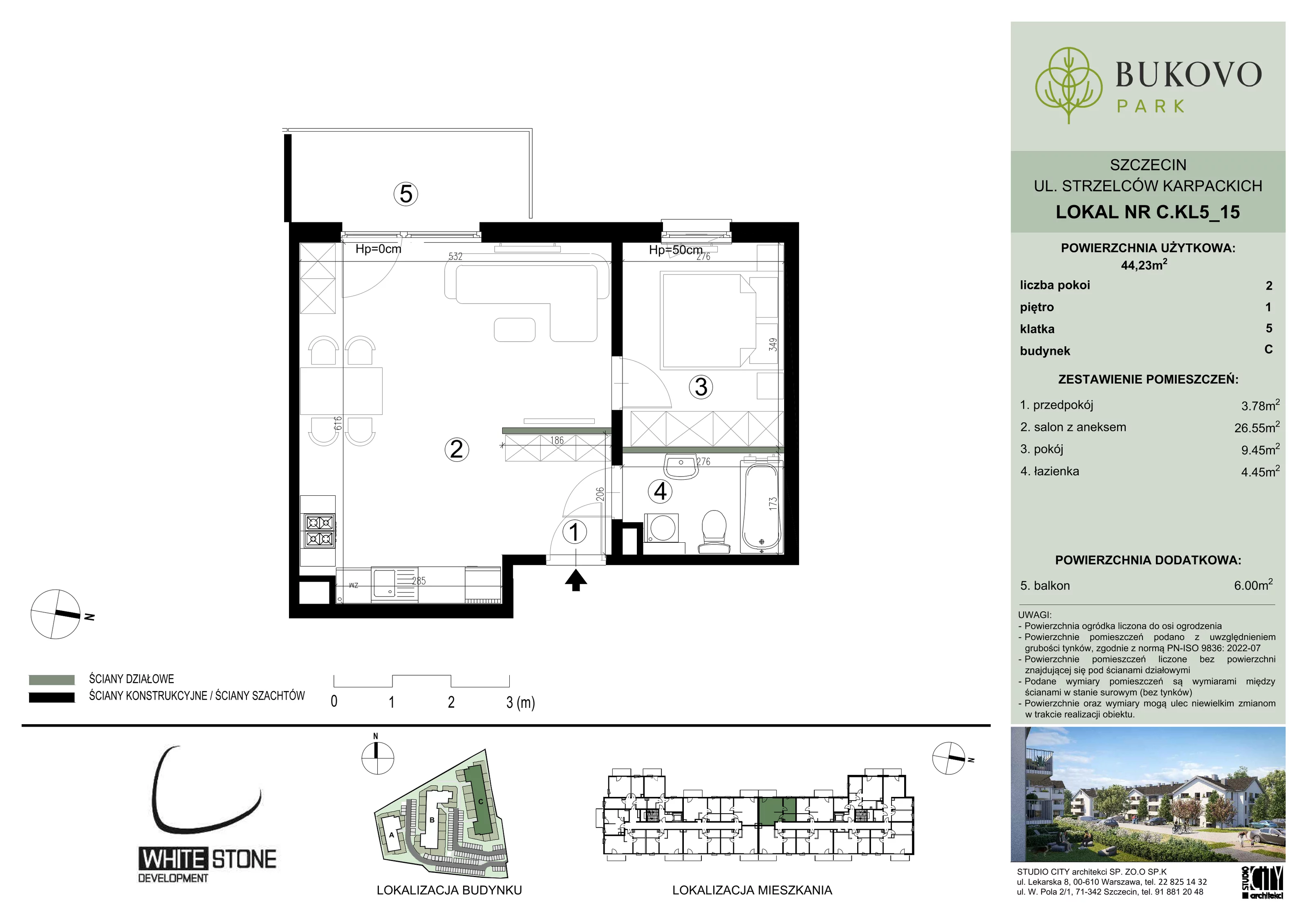 2 pokoje, mieszkanie 44,23 m², piętro 1, oferta nr C_5_15, Bukovo Park, Szczecin, Północ, Bukowo, ul. Strzelców Karpackich