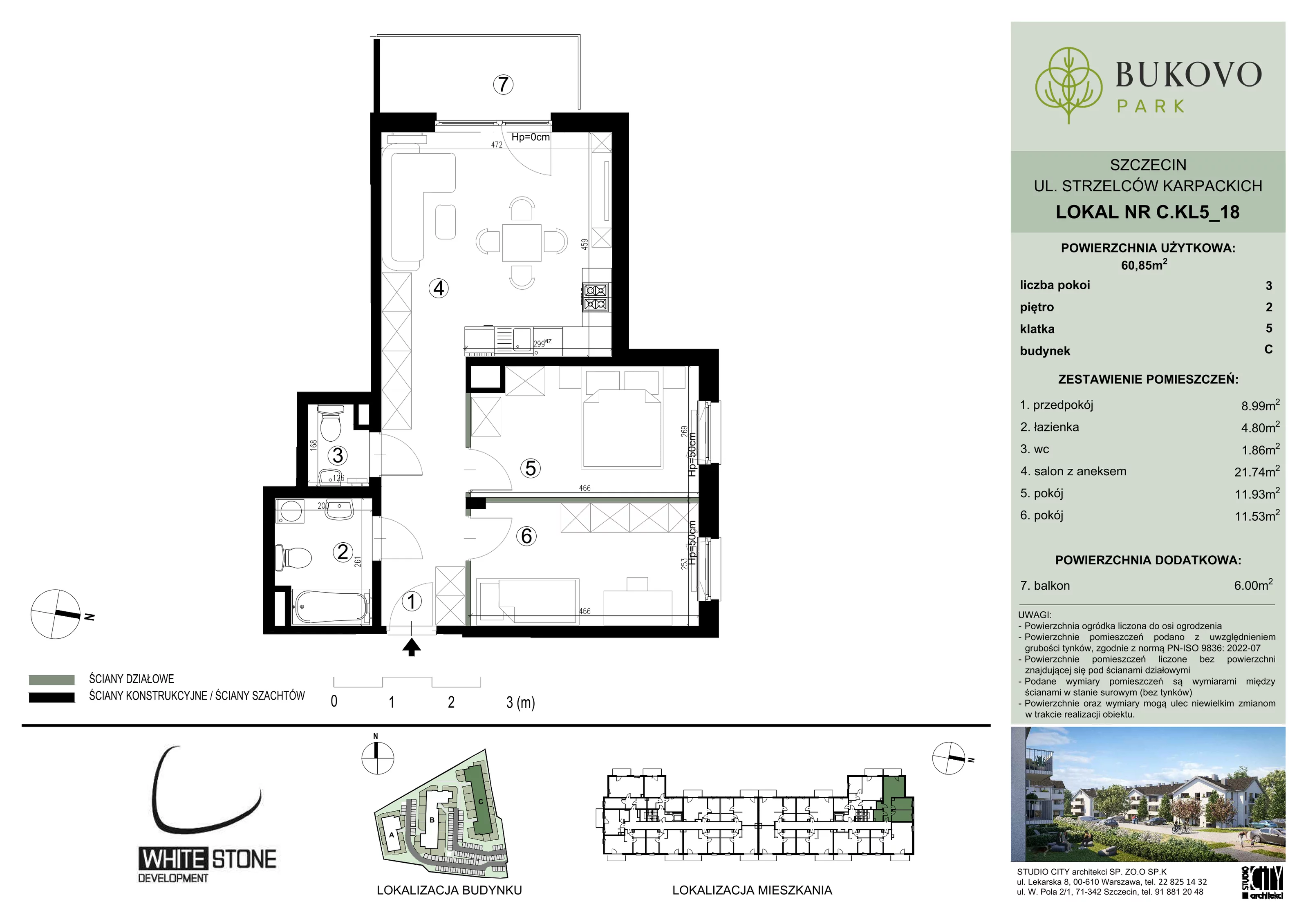 3 pokoje, mieszkanie 60,85 m², piętro 2, oferta nr C_5_18, Bukovo Park, Szczecin, Północ, Bukowo, ul. Strzelców Karpackich