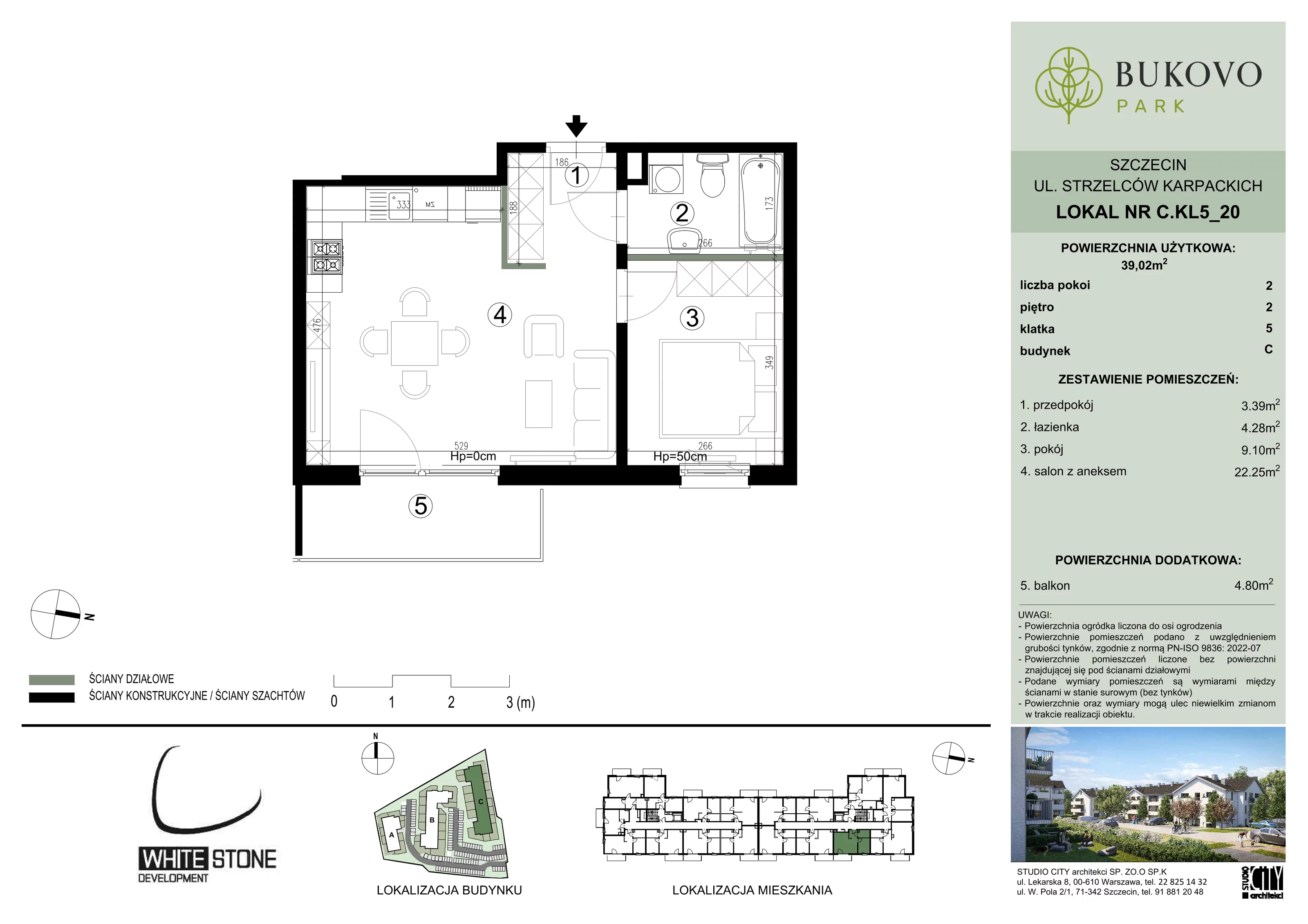 2 pokoje, mieszkanie 39,02 m², piętro 2, oferta nr C_5_20, Bukovo Park, Szczecin, Północ, Bukowo, ul. Strzelców Karpackich