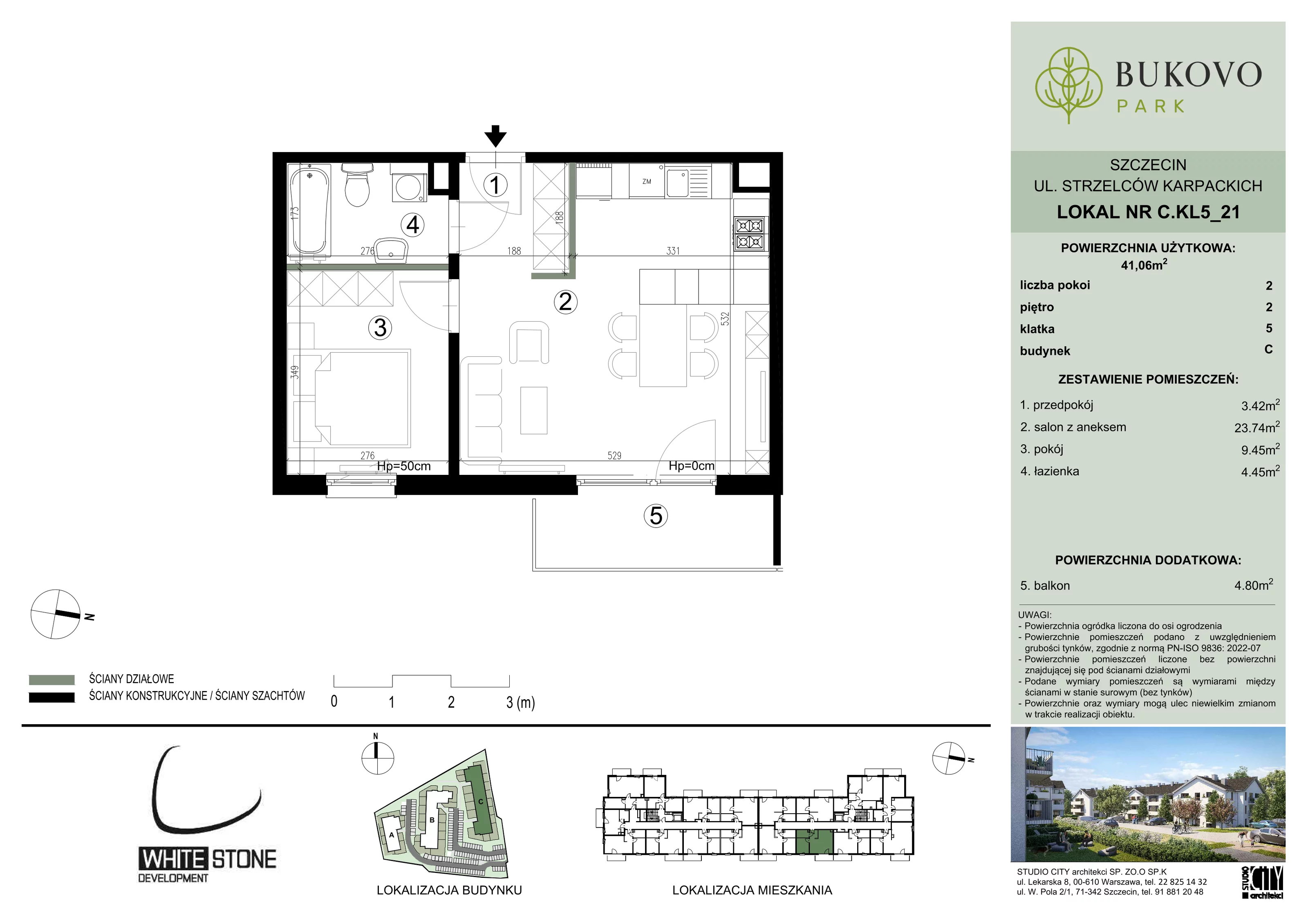 2 pokoje, mieszkanie 41,06 m², piętro 2, oferta nr C_5_21, Bukovo Park, Szczecin, Północ, Bukowo, ul. Strzelców Karpackich